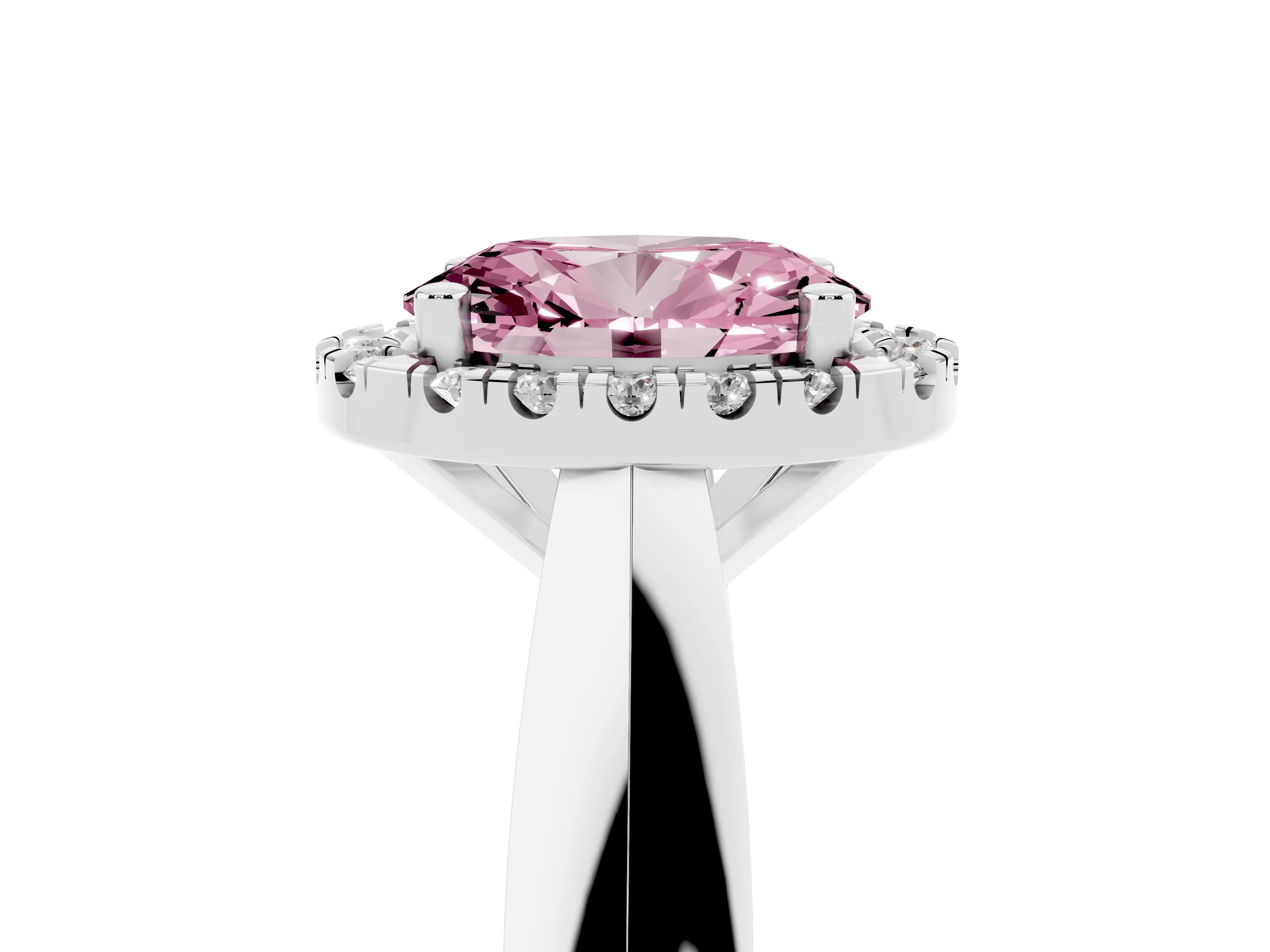 Fancy Pink Oval Cut Diamond Halo Solitaire Engagement Ring Set in Silver with Square Band and Prong Setting