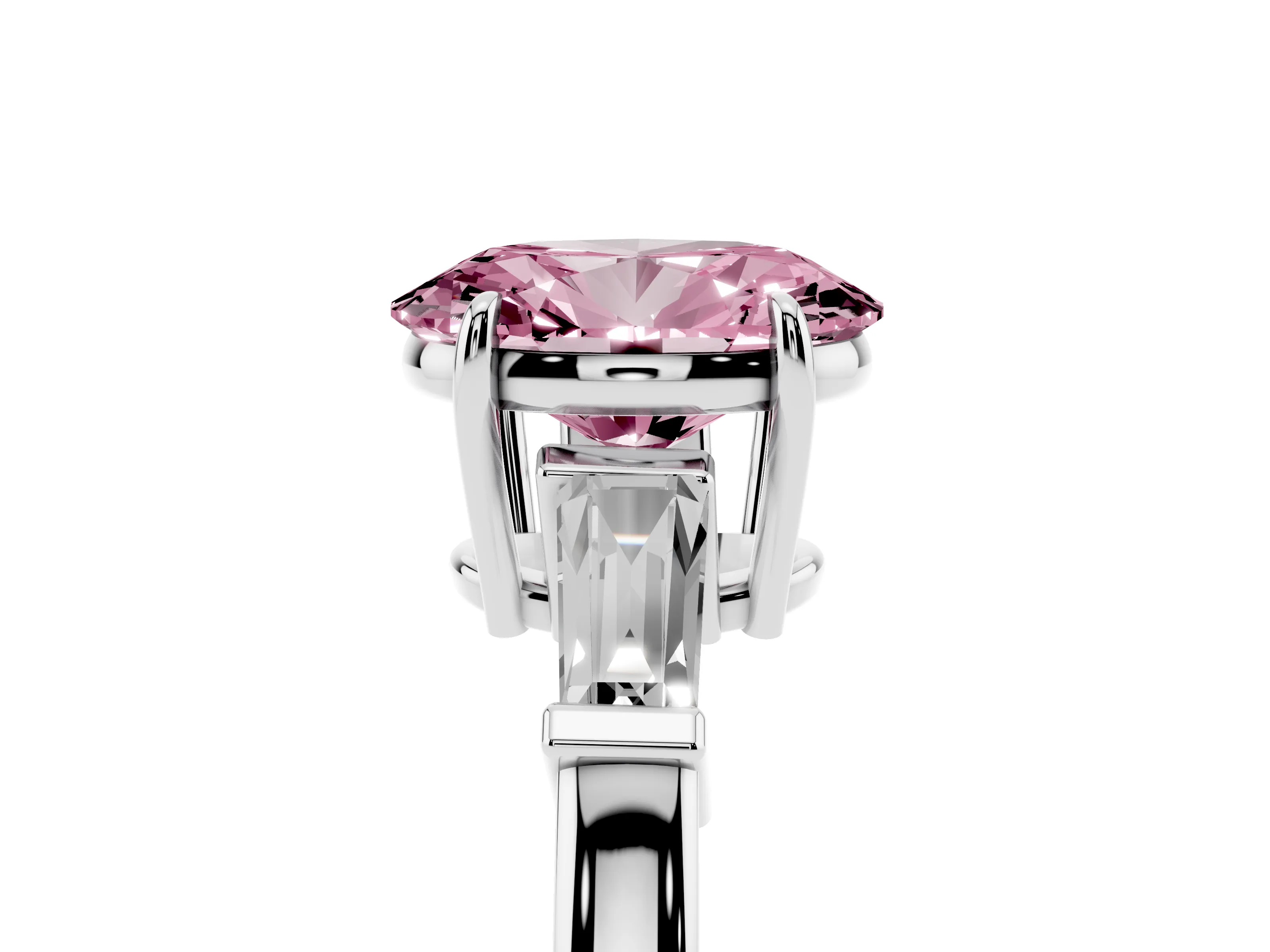 Fancy Pink Oval Cut Diamond Three-Stone Ring Set in White gold with Tapered Baguette Side Stones and Prong Setting