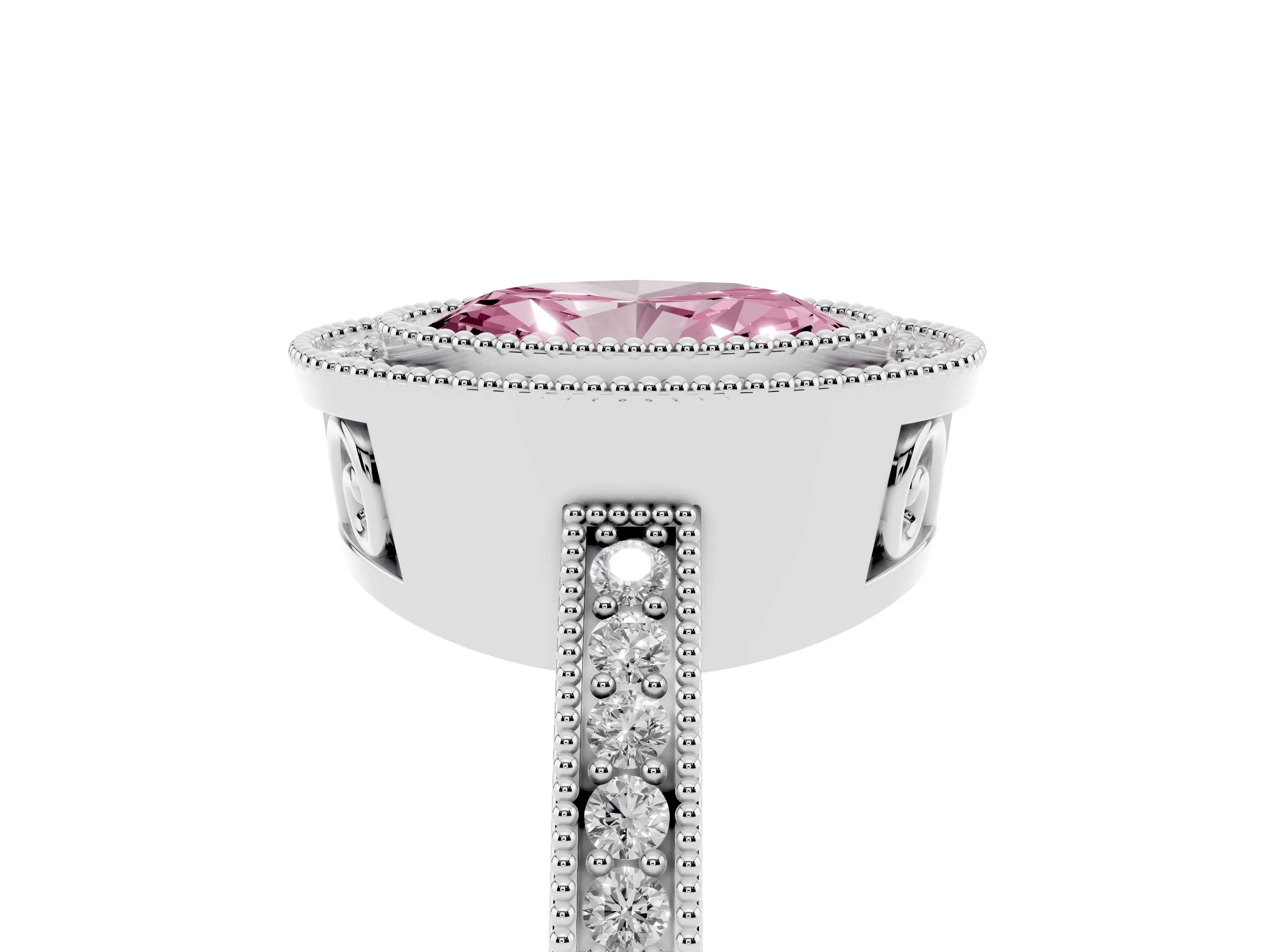 Fancy Pink Oval Cut Diamond Round Halo Ring Set in White gold with Pavé Band