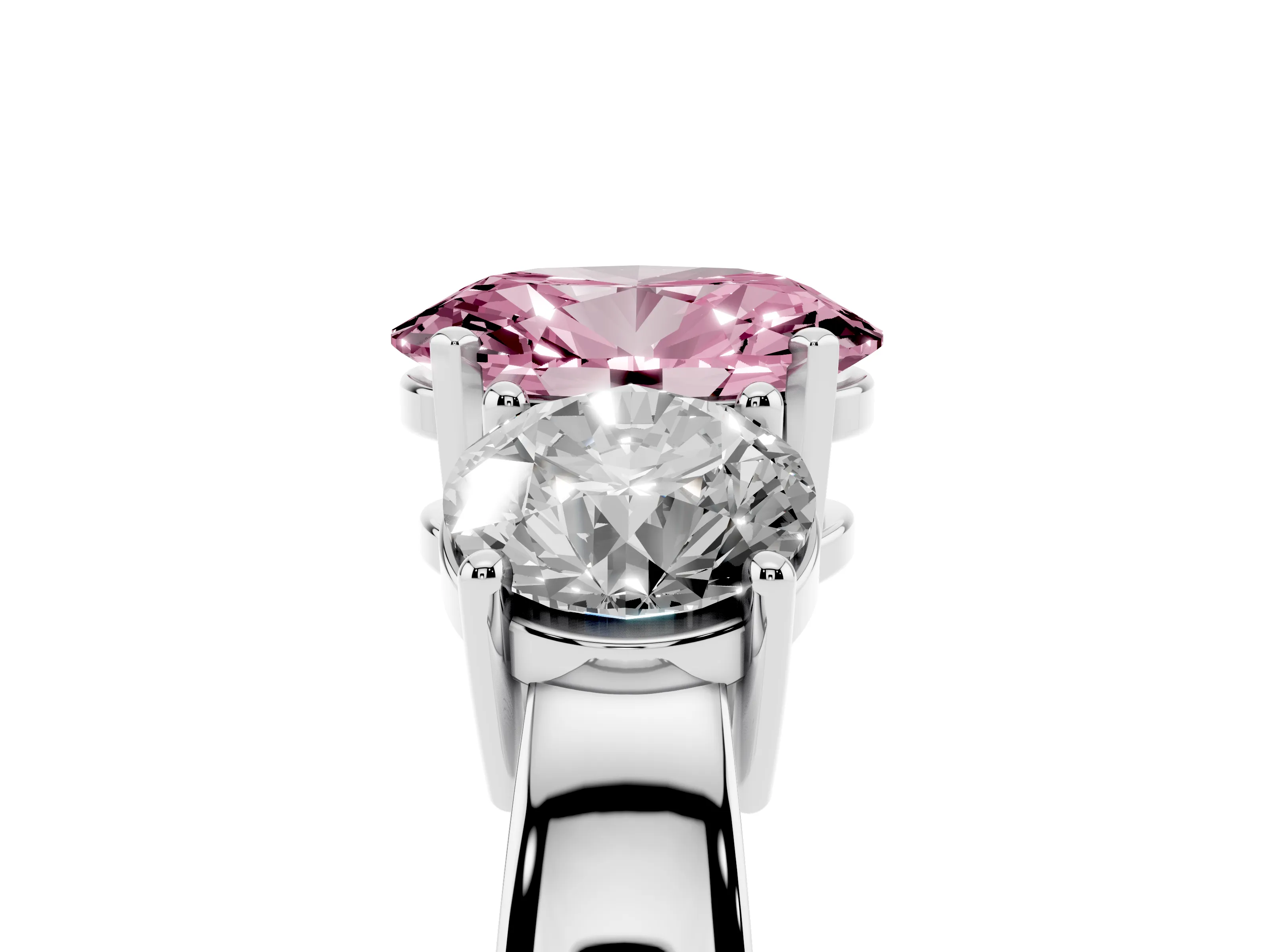 Fancy Pink Oval Cut Diamond Three-Stone Ring Set in White gold with Round Side Stones and Classic Band