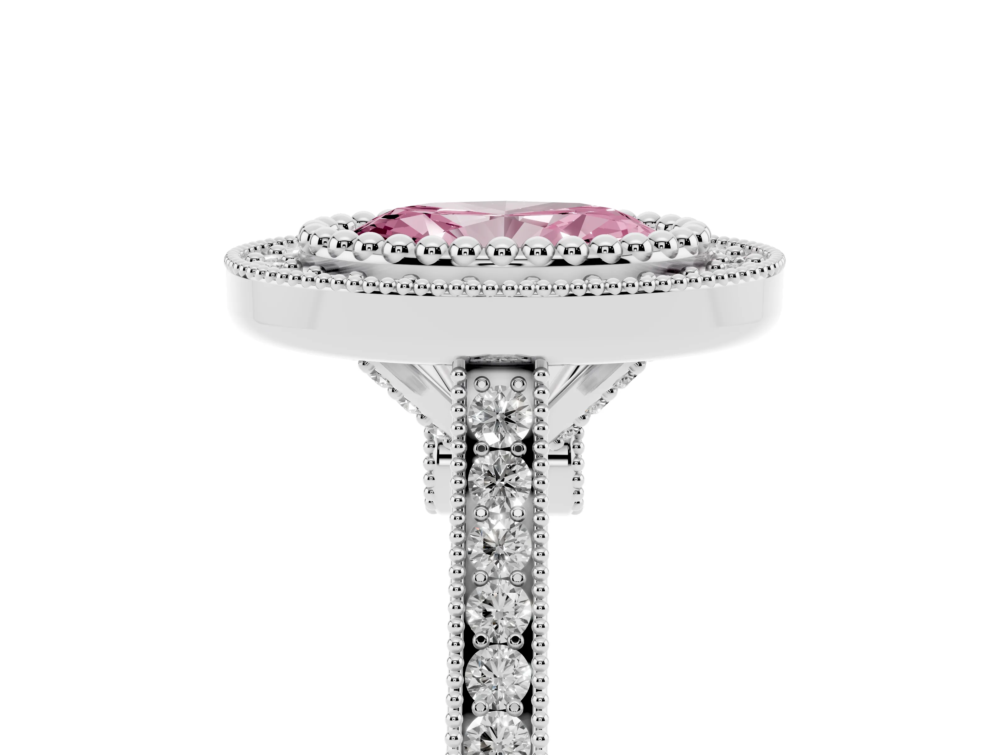 Fancy Pink Oval Cut Diamond Halo Ring Set in Silver with Milgrain Frame and Pavé Band