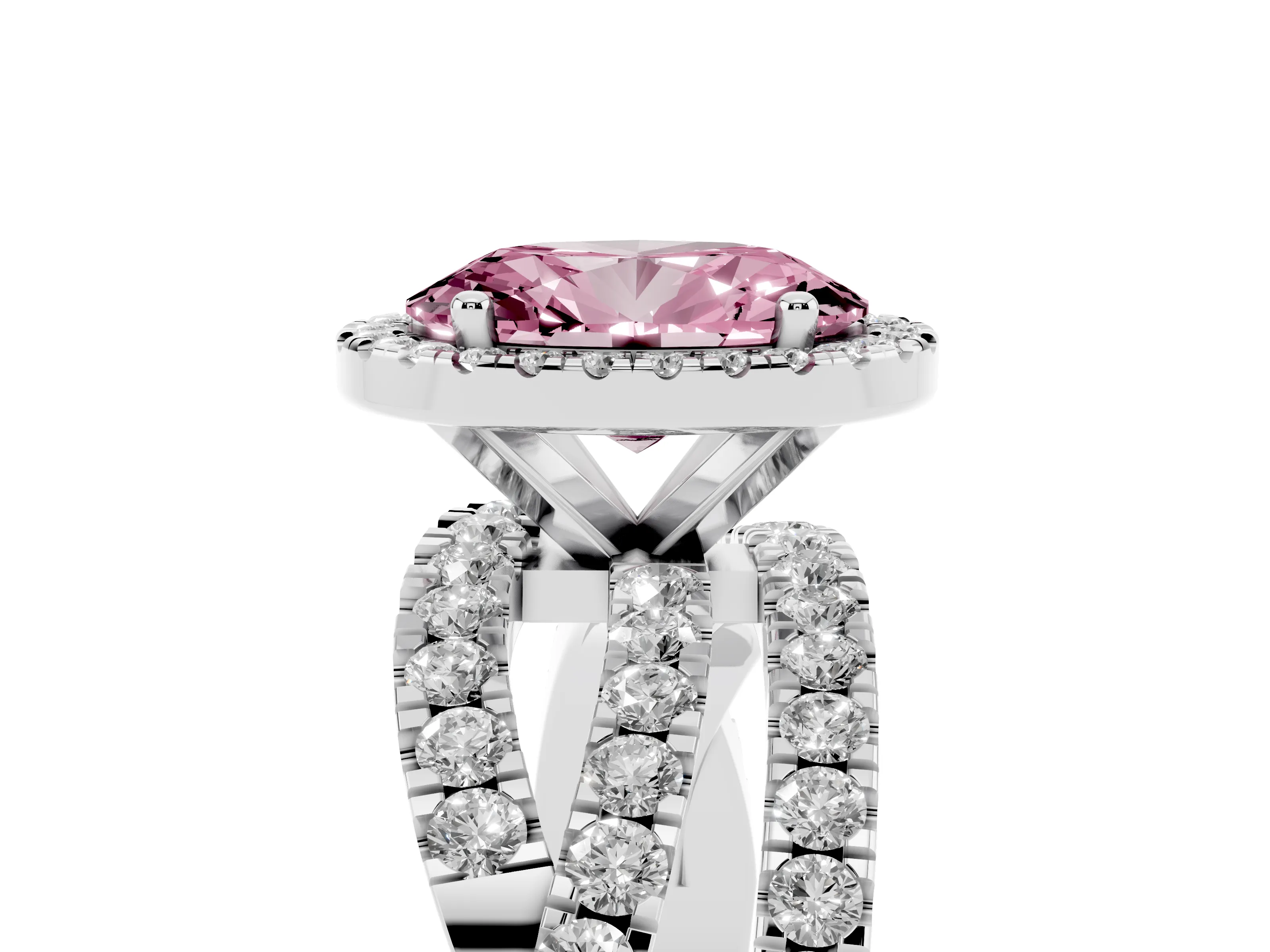 Fancy Pink Oval Cut Diamond Halo Ring Set in Platinum with Round Crossover Split Shank and Prong Setting