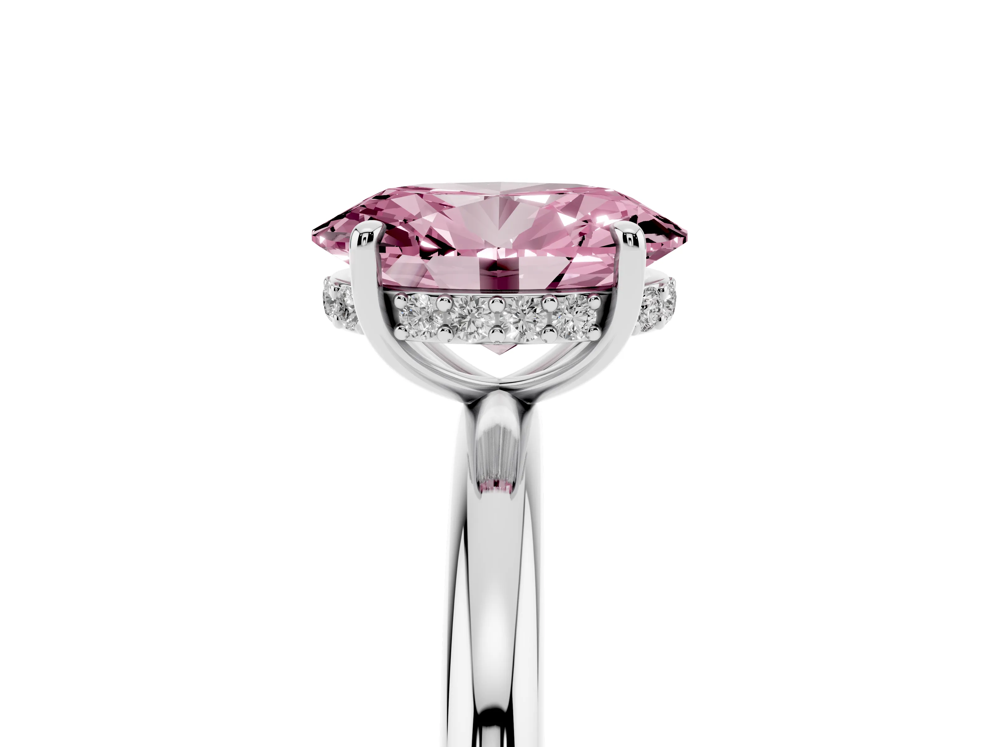 Fancy Pink Oval Cut Diamond Solitaire Ring Set in Silver with Thin Band and Prong Setting