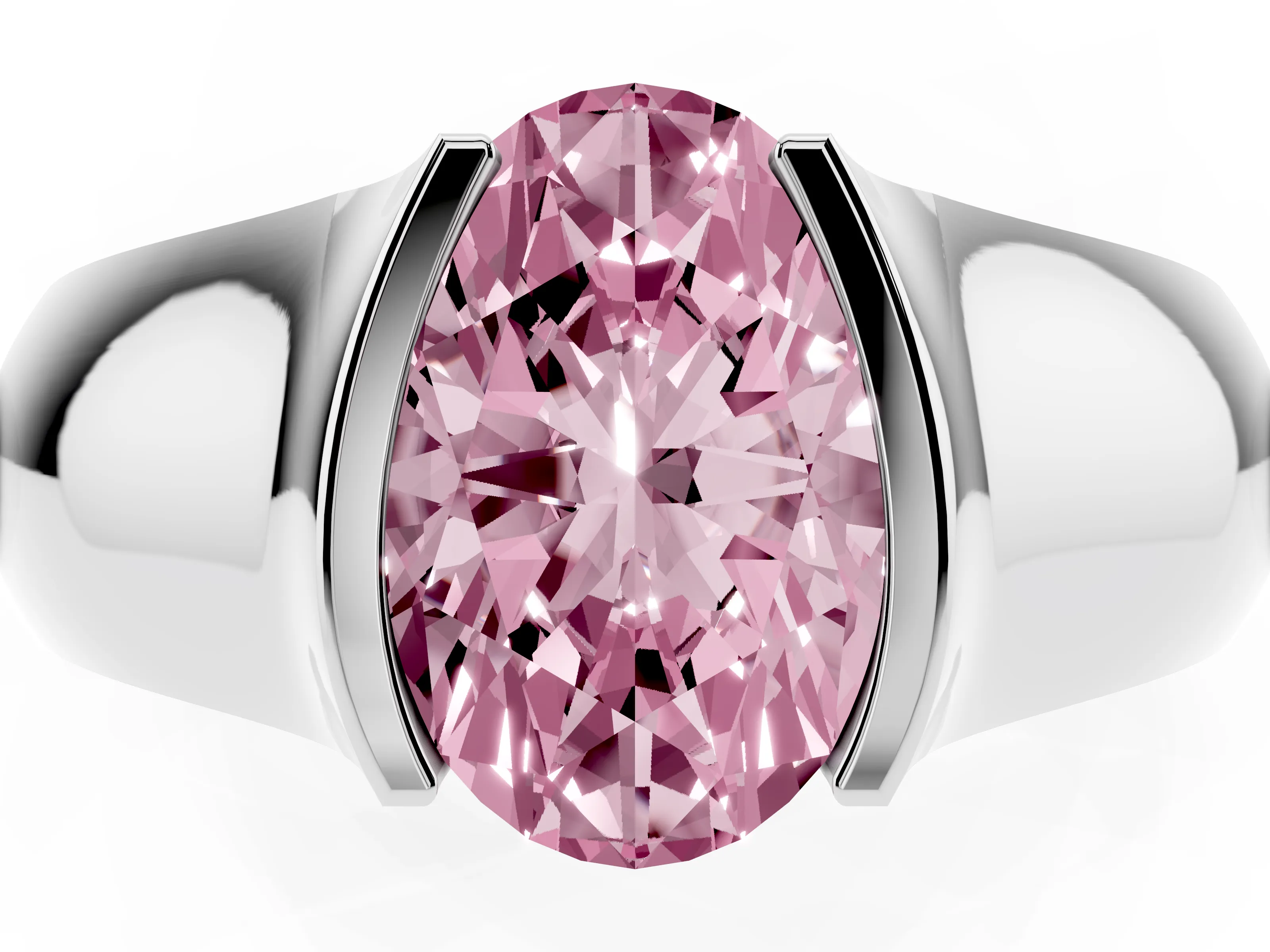Fancy Pink Oval Cut Diamond Bezel Solitaire Ring Set in White gold with Wide Band