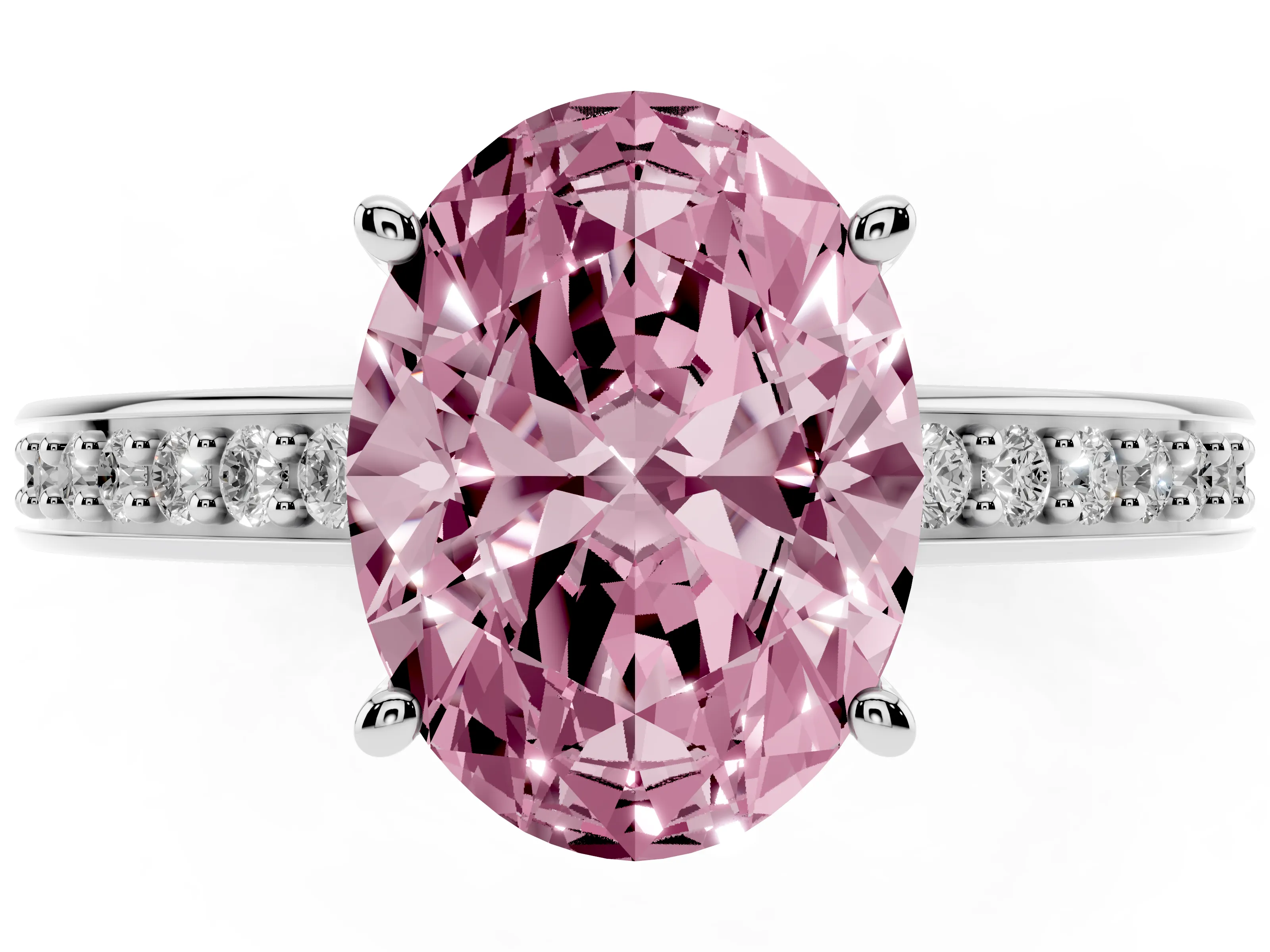 Fancy Pink Oval Cut Diamond Pavé Band Prong Set Solitaire Ring Set in White gold