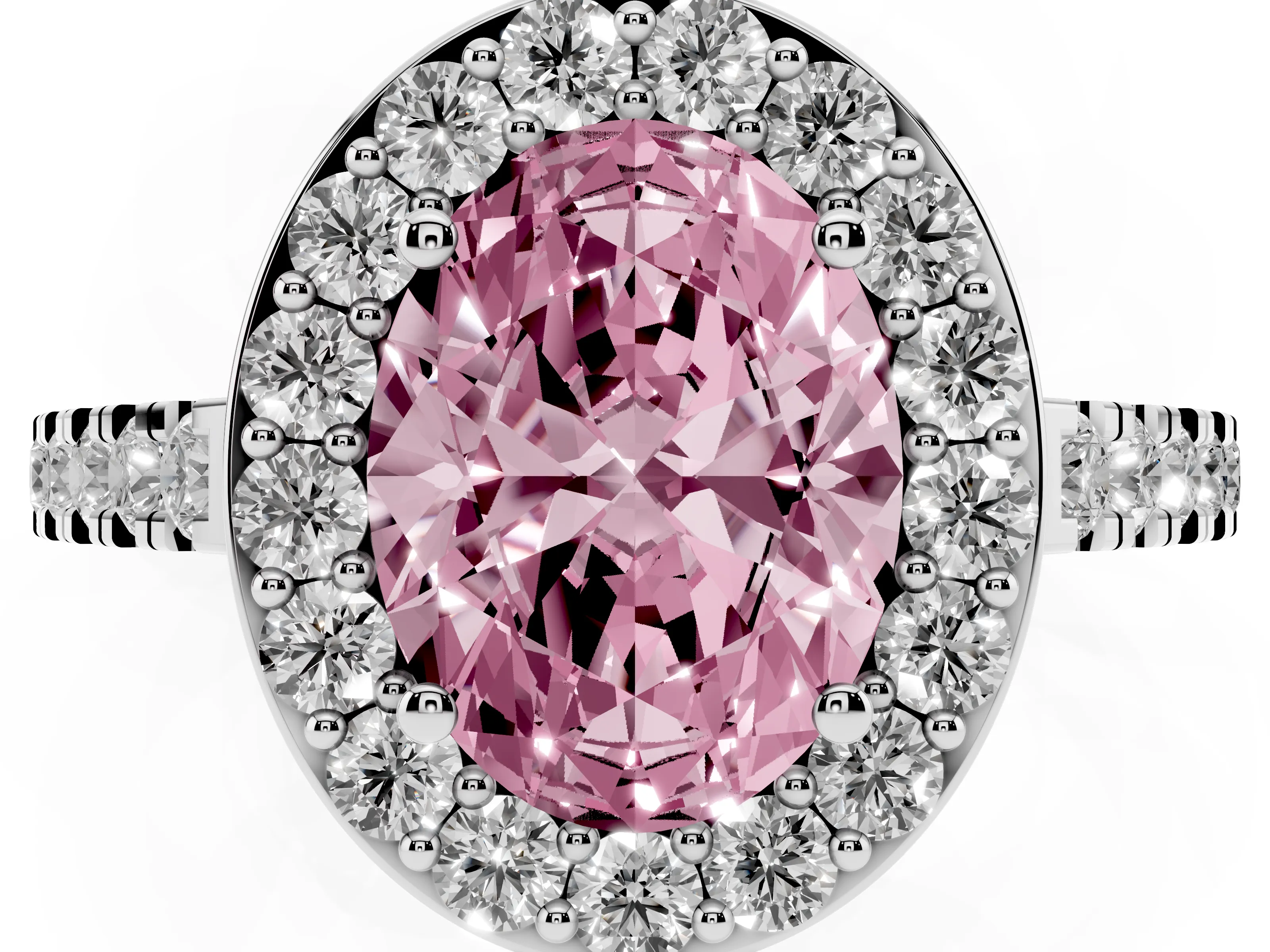 Fancy Pink Oval Cut Diamond Halo Ring Set in Silver with Round Pavé Split Shank and Prong Setting