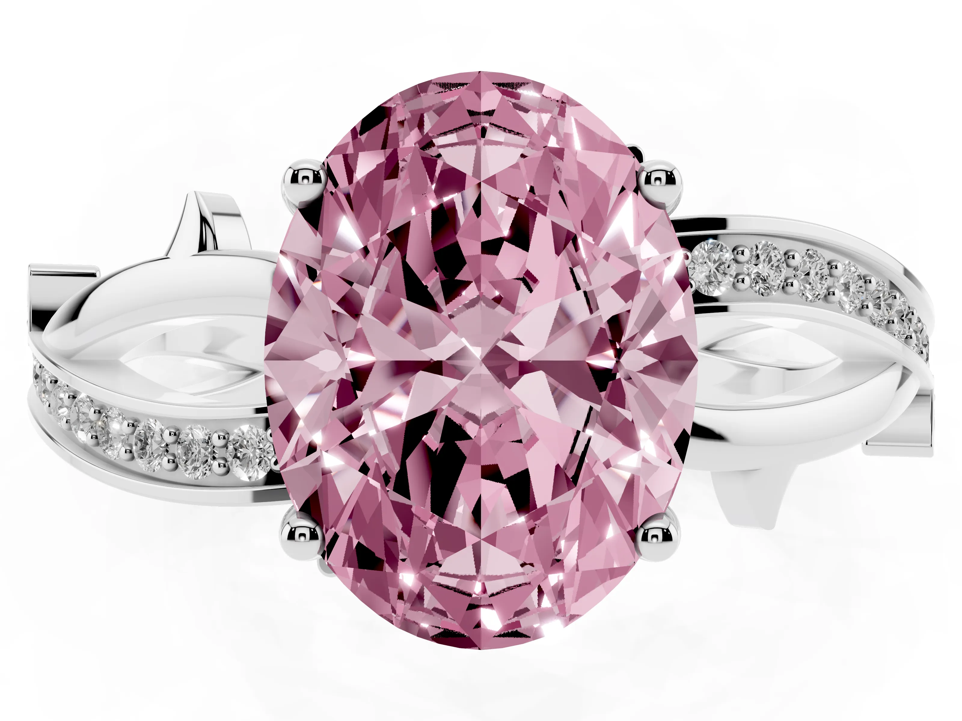 Fancy Pink Oval Cut Diamond Pavé Twist Band Solitaire Ring Set in Platinum with Prong Setting