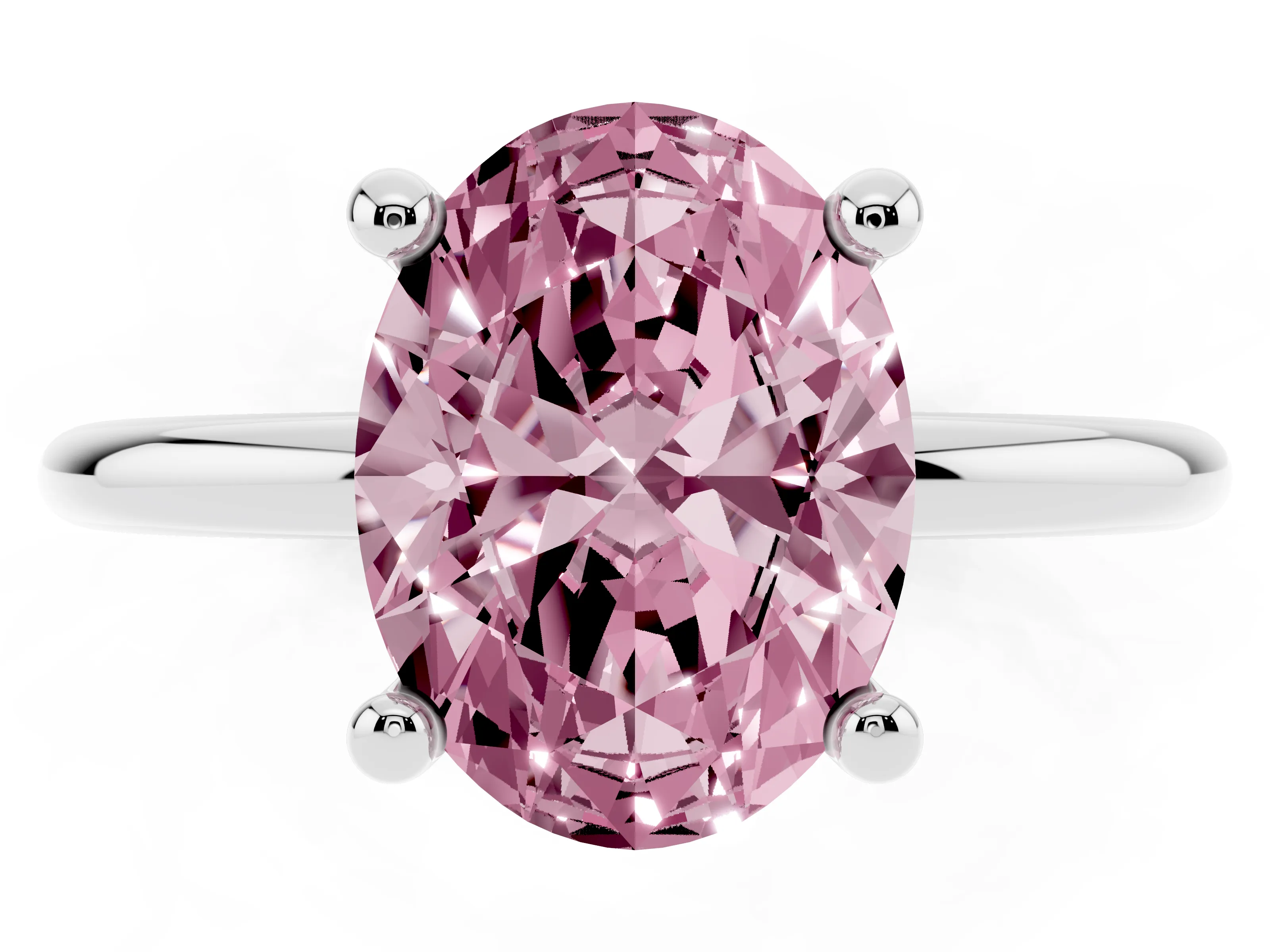 Fancy Pink Oval Cut Diamond Solitaire Ring Set in Silver with Secure Prong Setting on a Classic Band