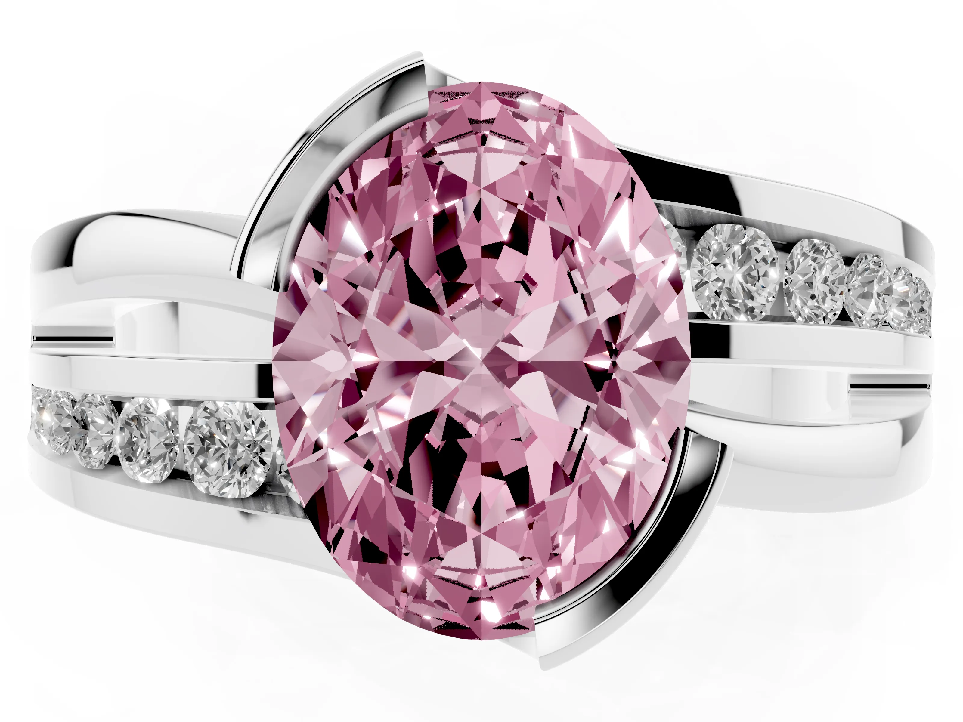 Fancy Pink Oval Cut Diamond Solitaire Ring Set in Platinum with Channel Set Split Shank and Tension Prongs