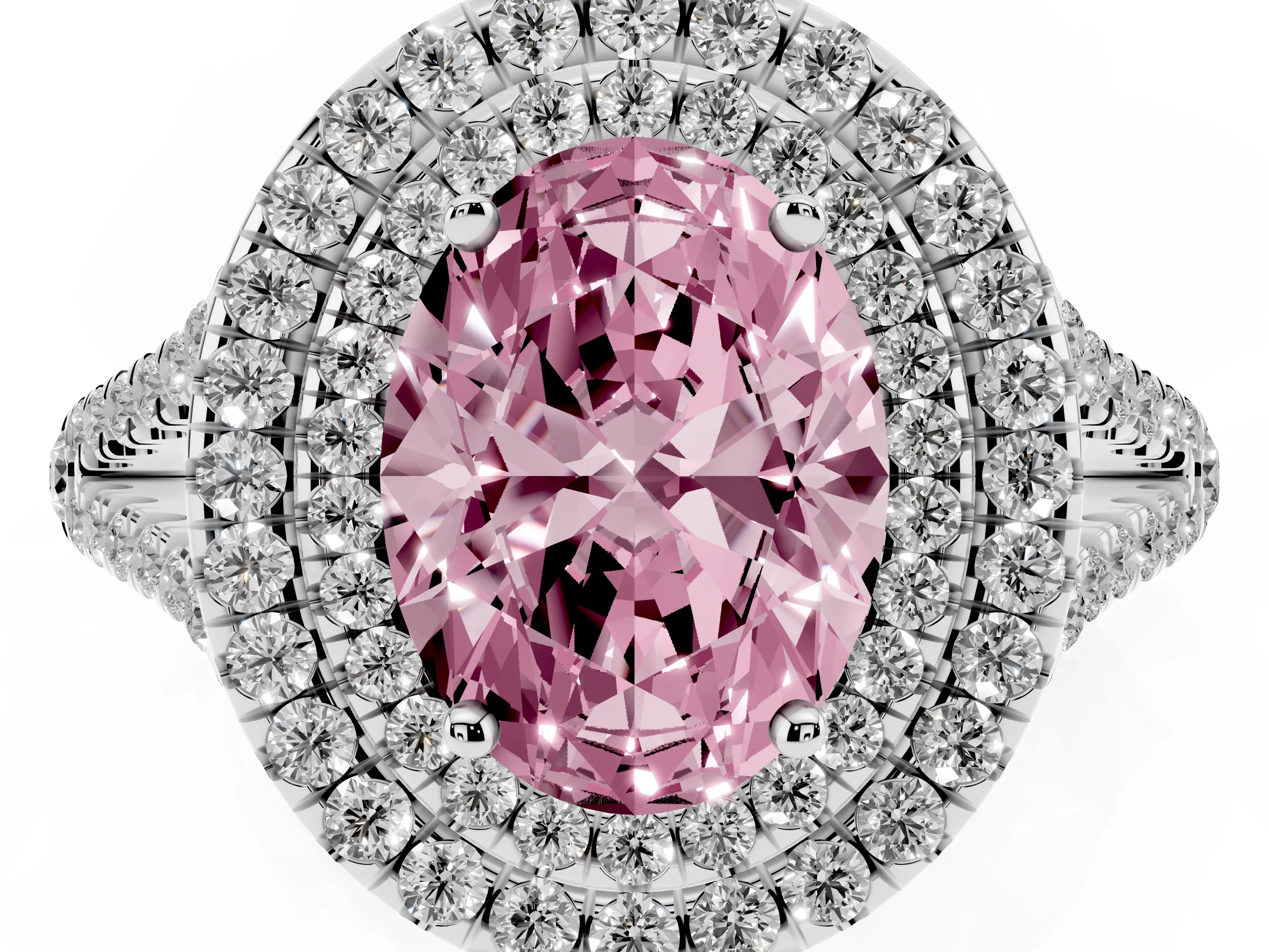 Fancy Pink Oval Cut Diamond Double Halo Ring Set in Platinum with Pavé Band