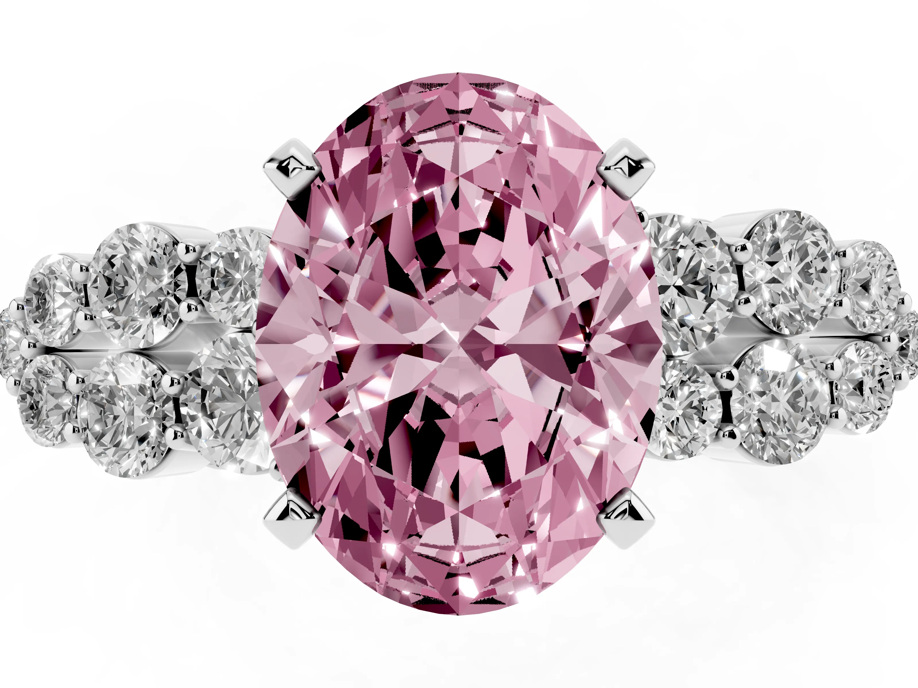 Fancy Pink Oval Cut Diamond Cluster Engagement Ring Set in Silver with Pavé Band and Prong Setting