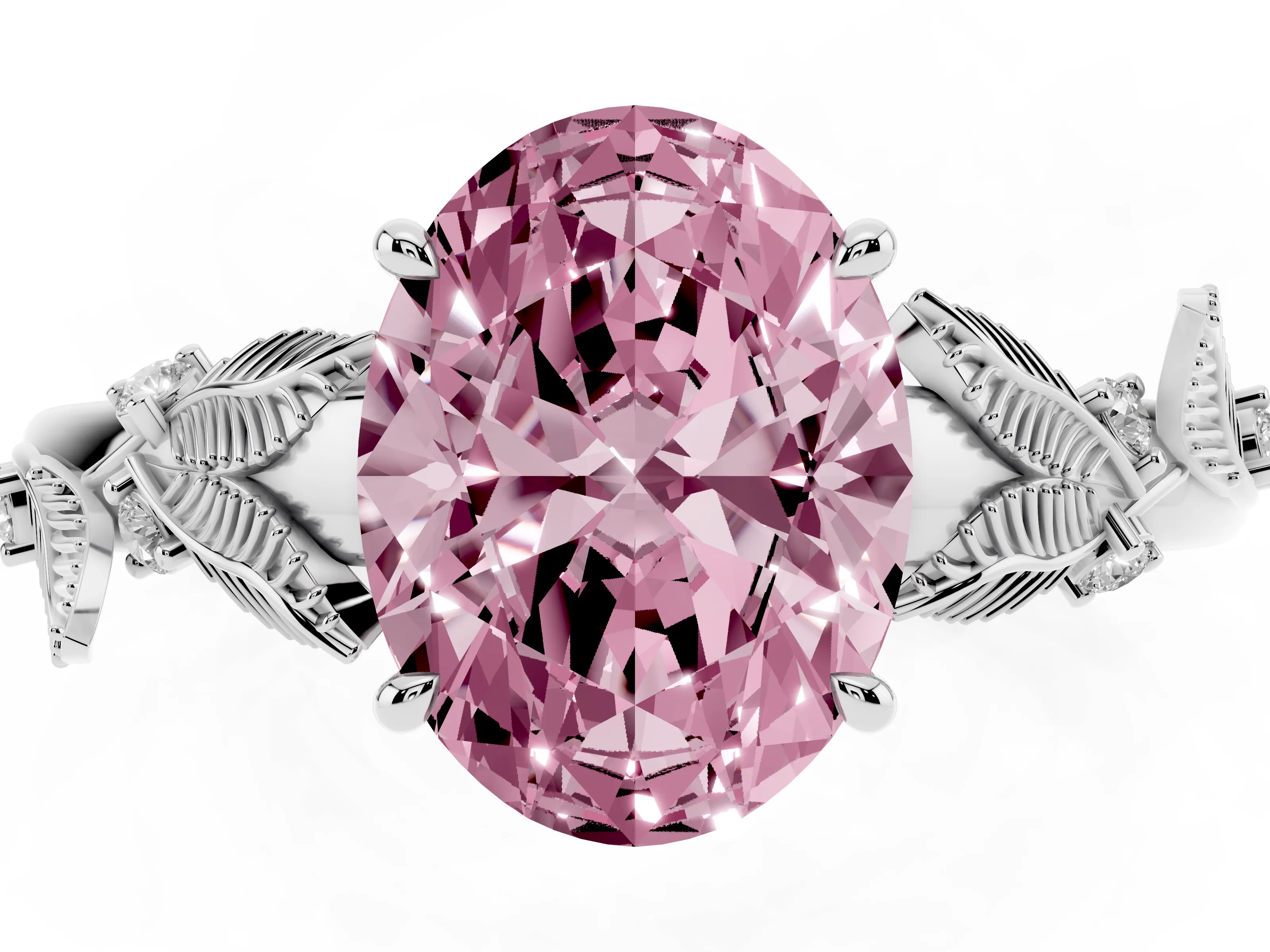 Fancy Pink Oval Cut Diamond Solitaire Ring Set in White gold with Leaf Motif Band