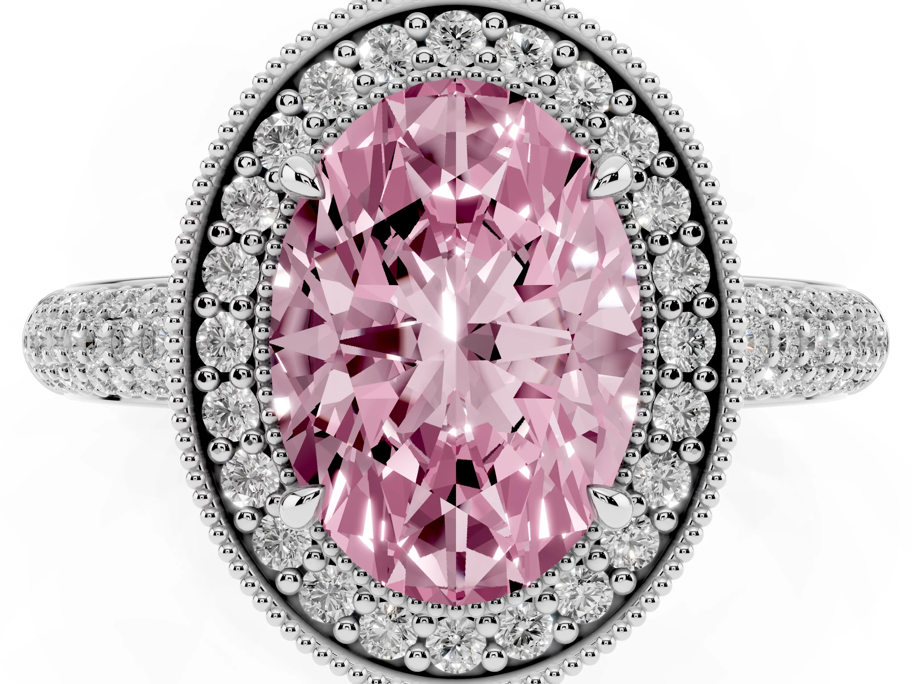 Fancy Pink Oval Cut Diamond Halo Pavé Band Set in Platinum with Prong Setting