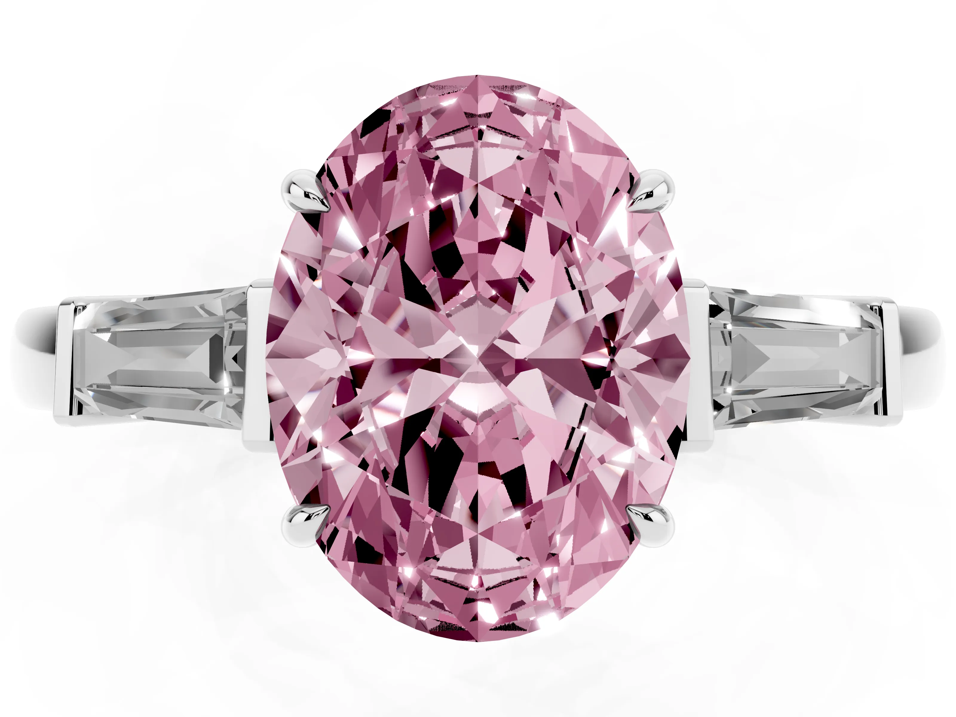 Fancy Pink Oval Cut Diamond Three-Stone Ring Set in White gold with Tapered Baguette Side Stones and Prong Setting