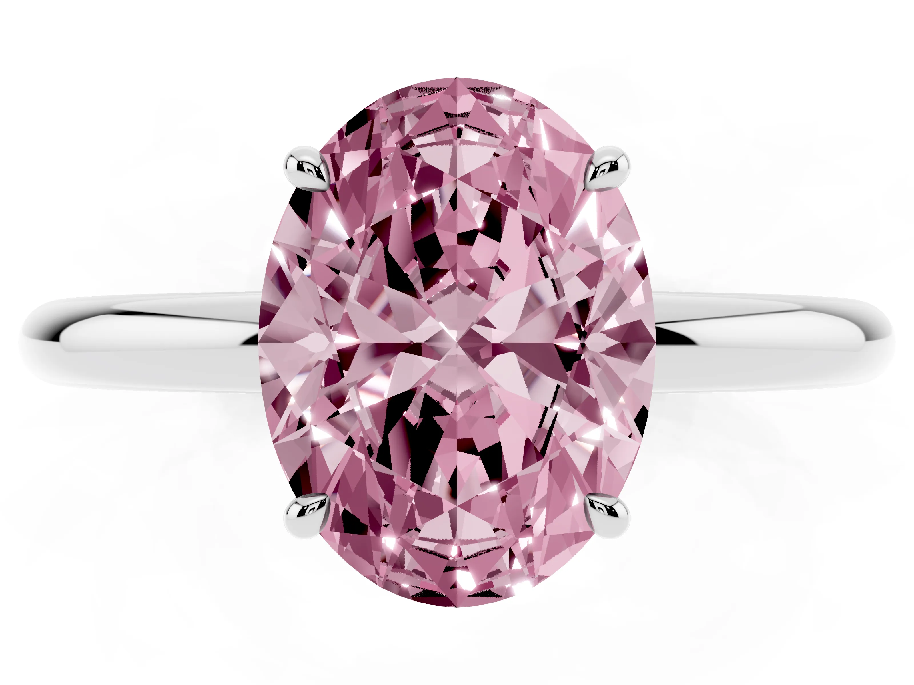 Fancy Pink Oval Cut Diamond Solitaire Ring Set in Silver with Thin Band and Prong Setting