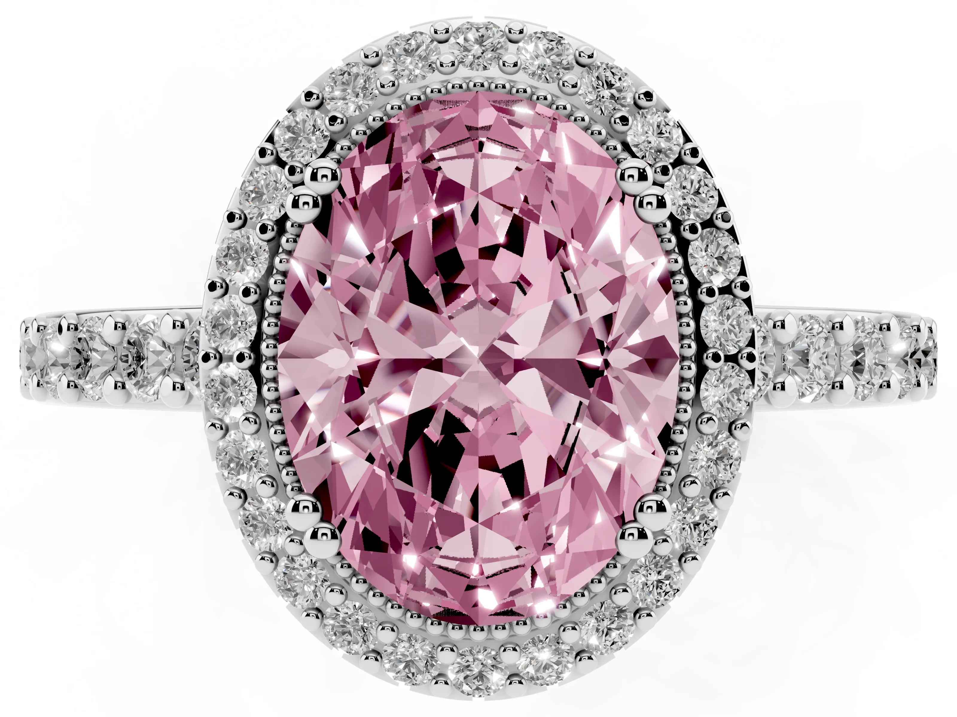 Fancy Pink Oval Cut Diamond Halo Engagement Ring Set in Platinum with Milgrain Detail and Pavé Band