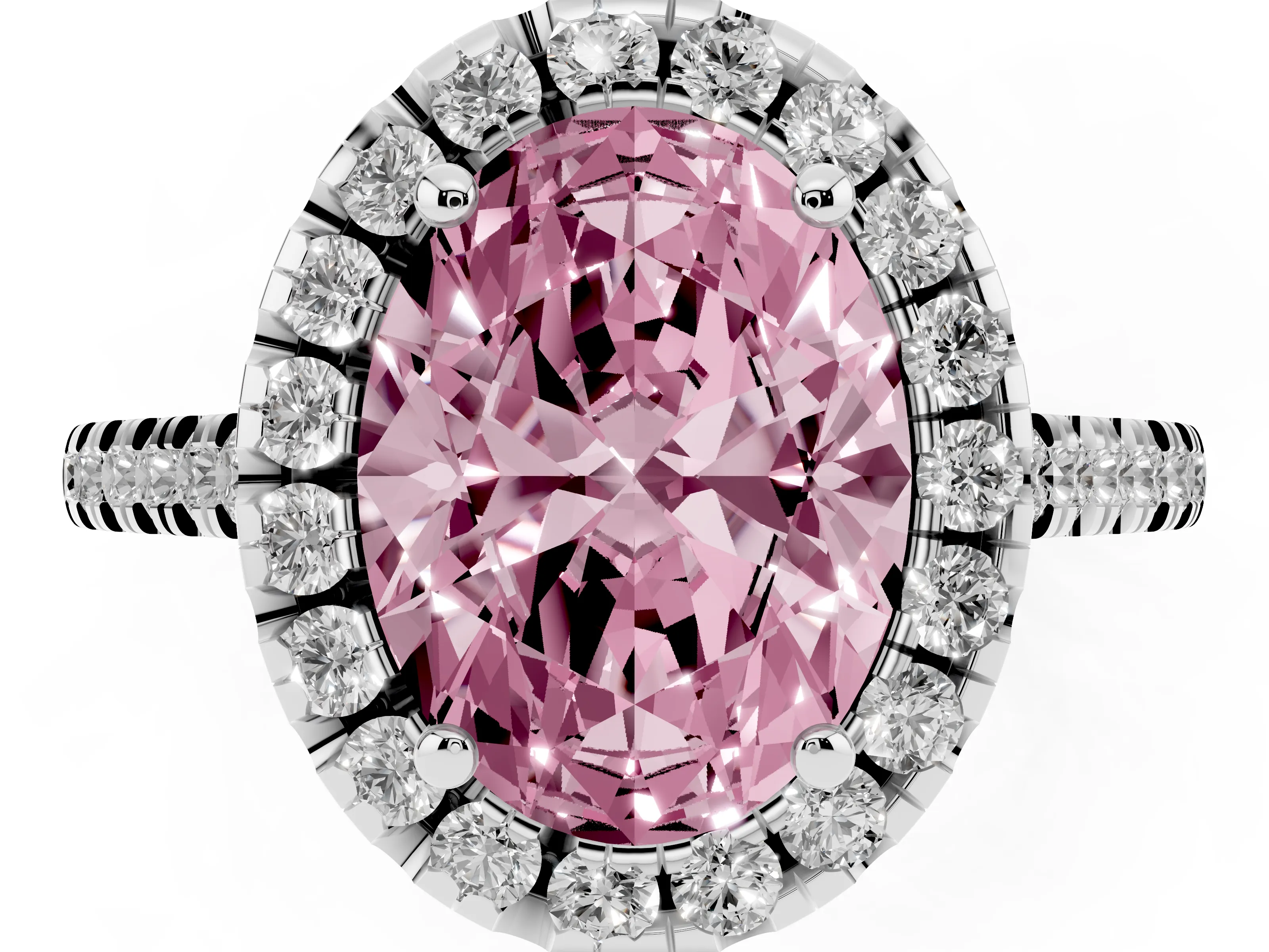 Fancy Pink Oval Cut Diamond Cushion Halo Ring Set in White gold with Pavé Band