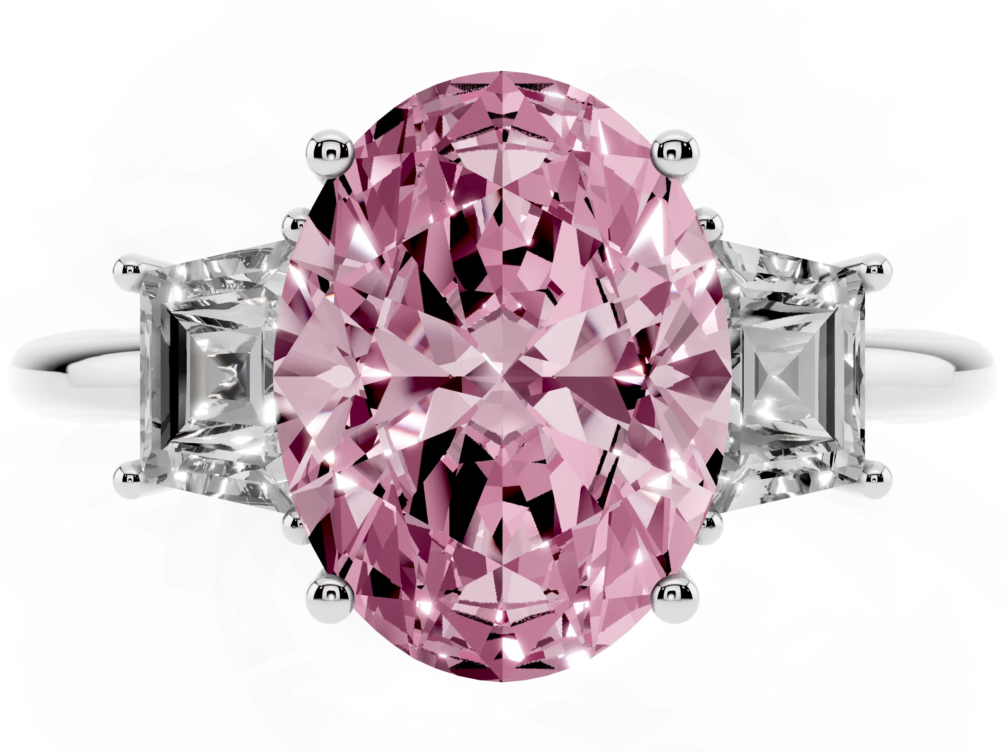 Fancy Pink Oval Cut Diamond Three-Stone Ring Set in White gold with Trapezoid Side Stones and Prong Setting