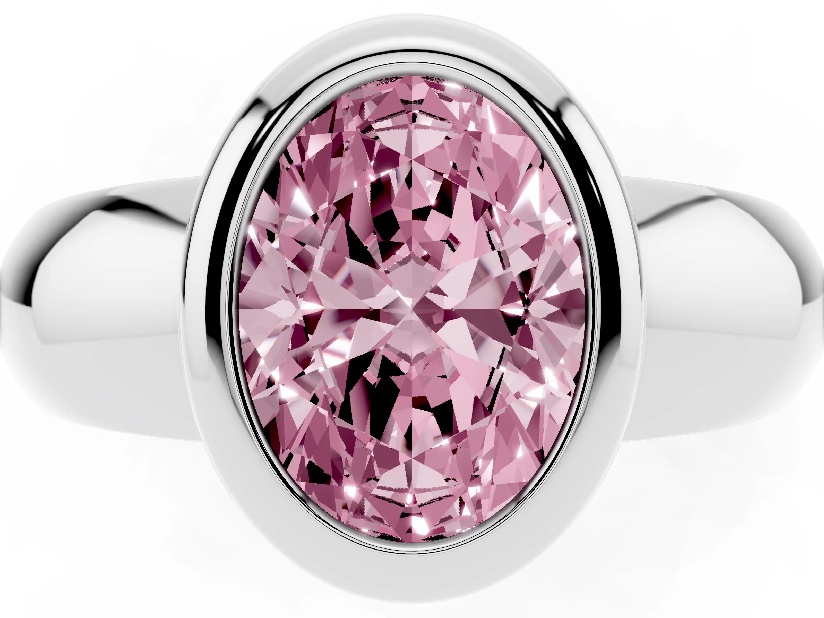 Fancy Pink Bezel Set Oval Cut Diamond Solitaire Ring Set in Silver with Wide Band