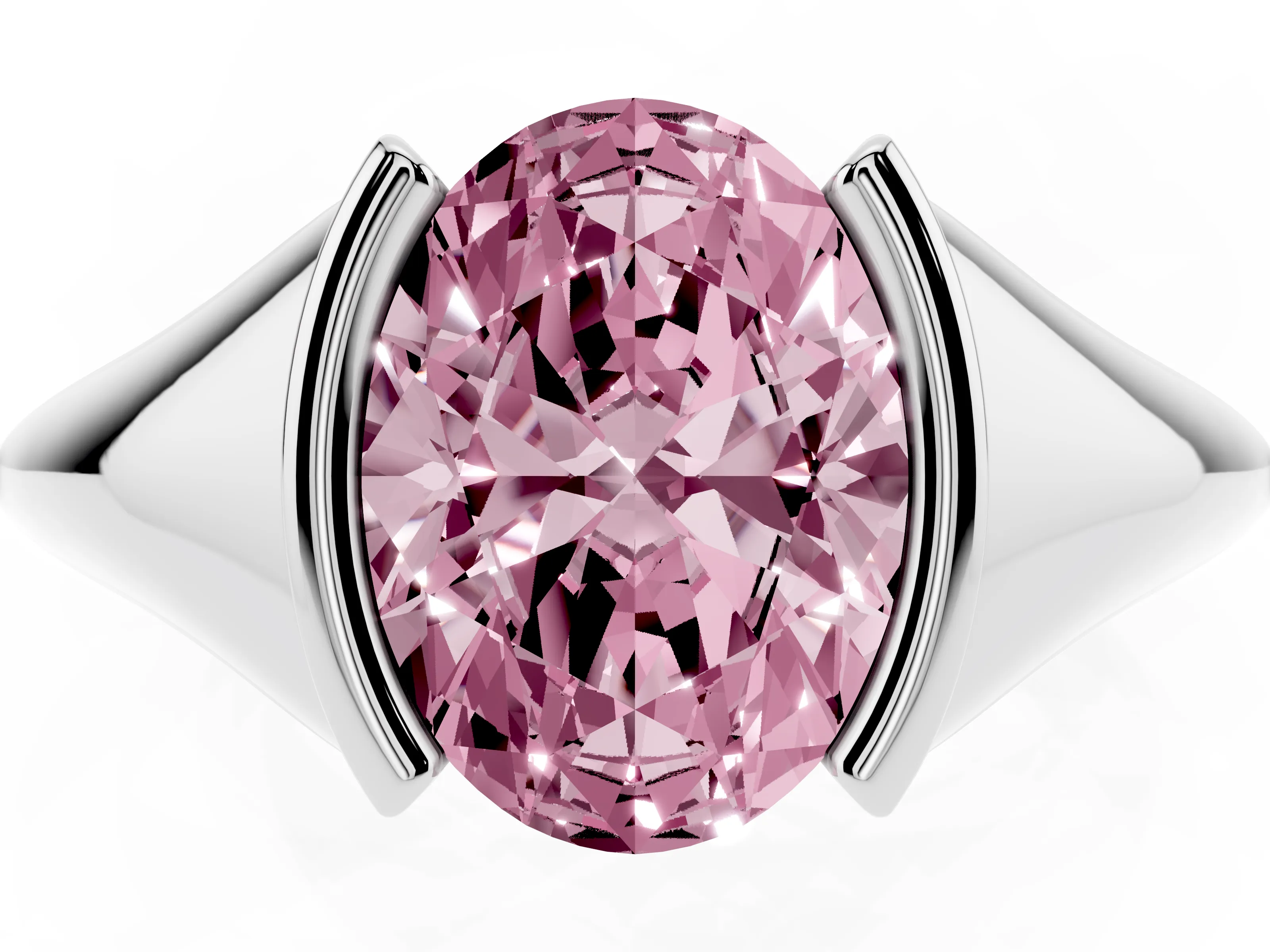 Fancy Pink Oval Cut Diamond Solitaire Tension Set Ring Set in Silver