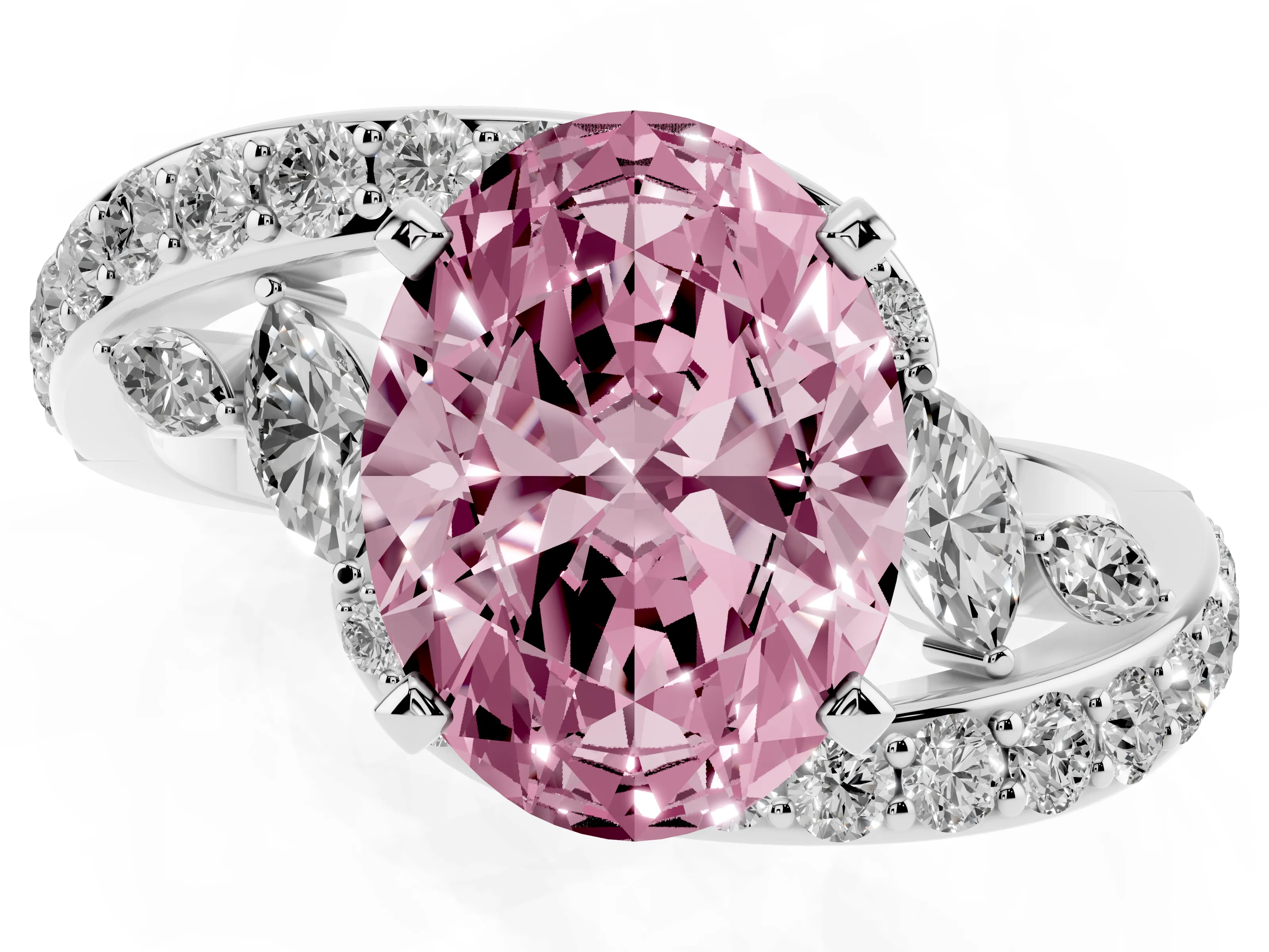 Fancy Pink Oval Cut Diamond Solitaire Ring Set in Silver with Pavé Twist Band and Secure Prong Setting