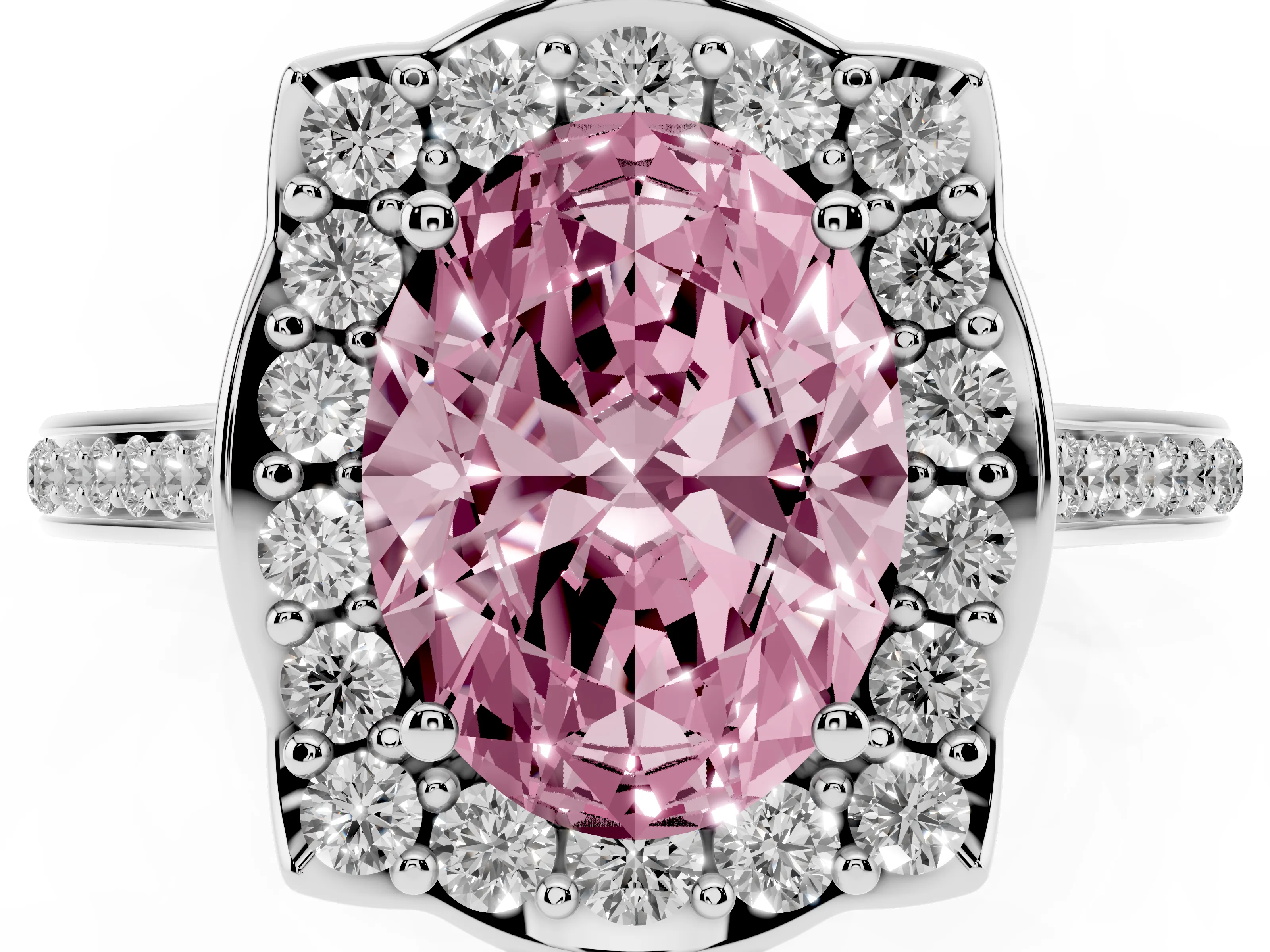 Fancy Pink Oval Cut Diamond Halo Ring Set in Silver with Pavé-Lined Shoulders and Prong Setting