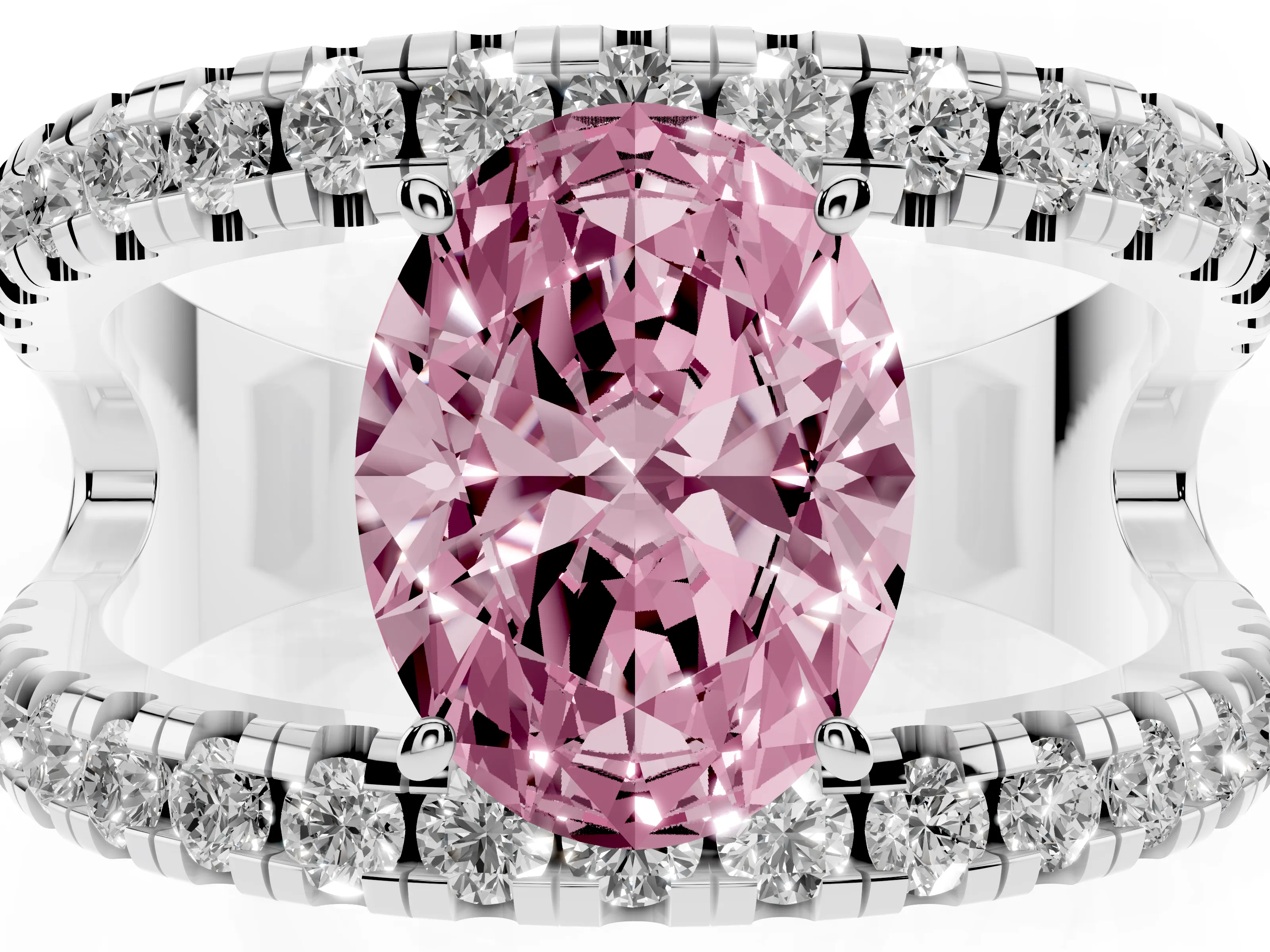 Fancy Pink Oval Cut Diamond Split Shank Pavé Solitaire Ring Set in Platinum with Open Shank Design