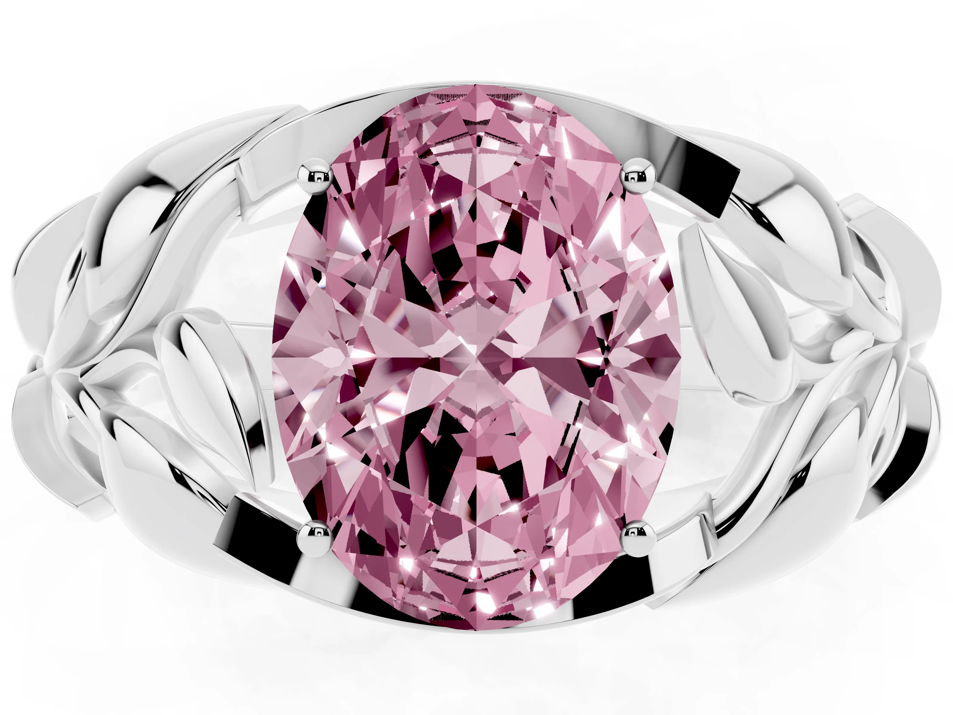 Fancy Pink Oval Cut Diamond Leaf-Inspired Engagement Ring Set in Platinum with Round Accents