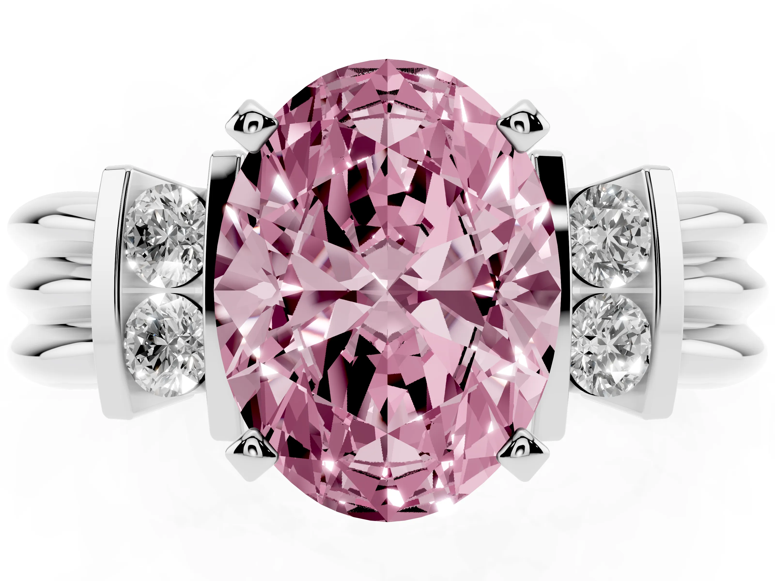 Fancy Pink Three-Stone Oval Cut Diamond Channel Set Ring Set in Platinum with Bar Prongs