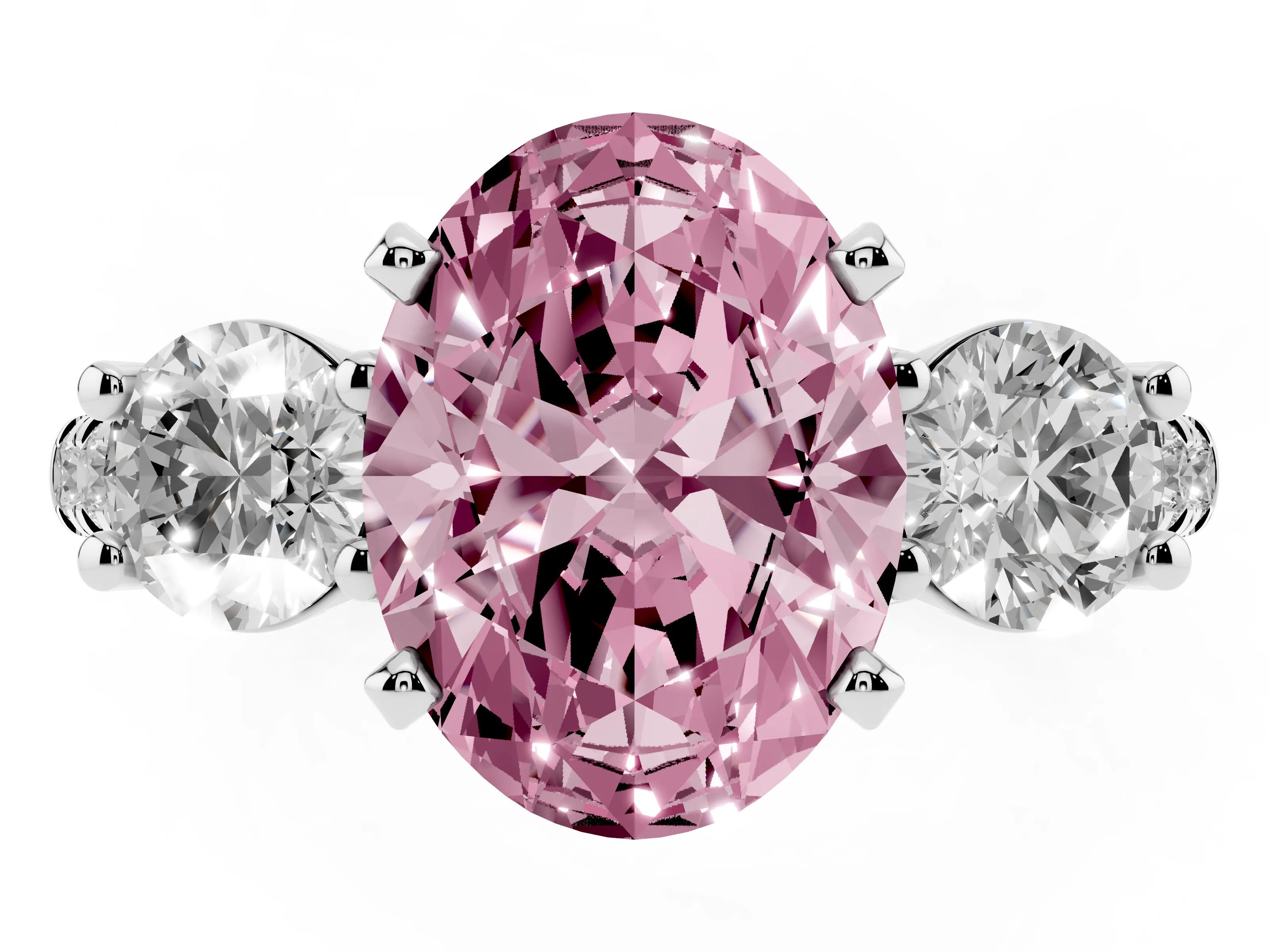 Fancy Pink Three-Stone Oval Cut Diamond Pavé Band Ring Set in White gold with Prong-Set Trio