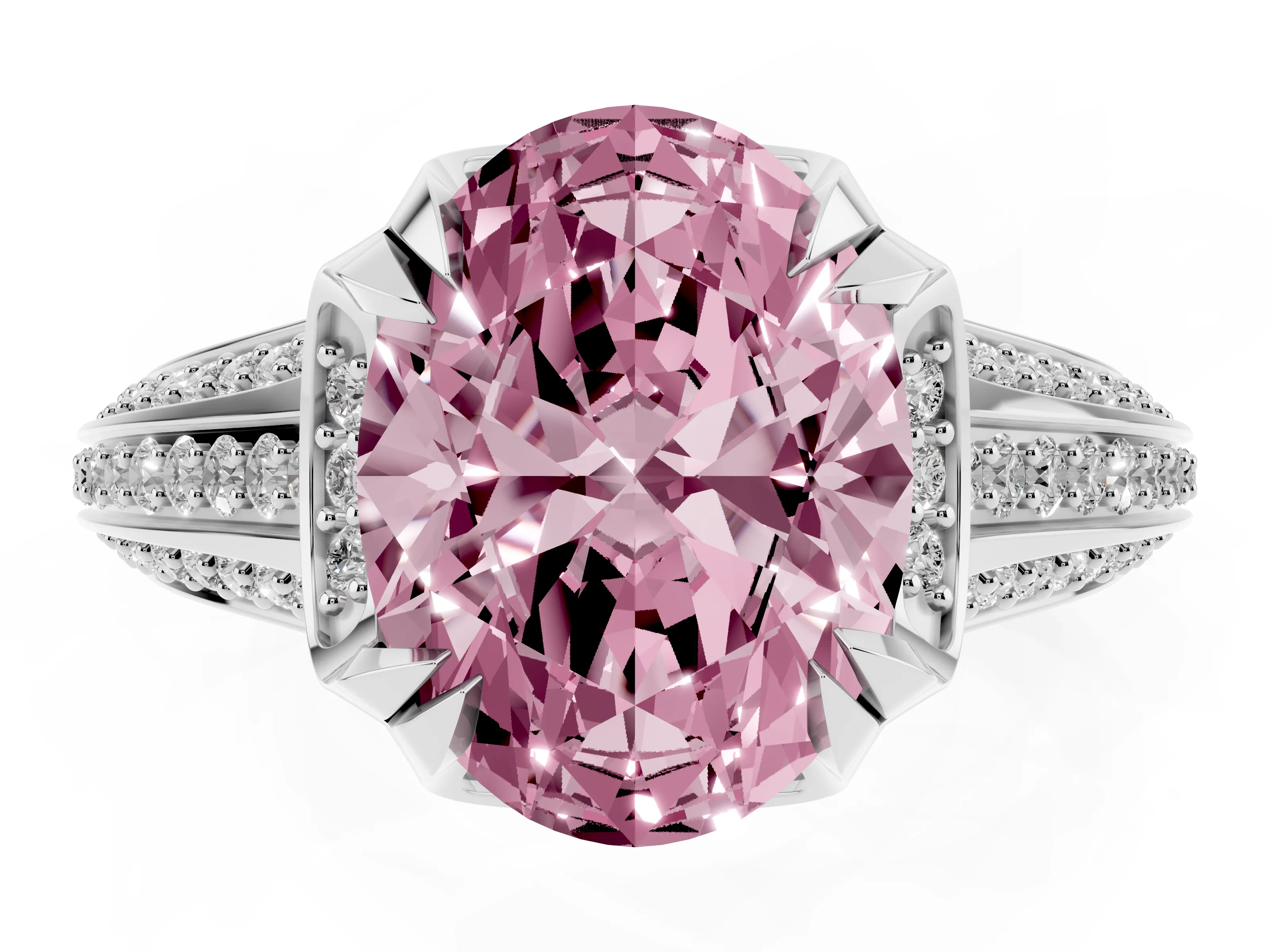 Fancy Pink Oval Cut Diamond Pavé Split Shank Solitaire Ring Set in Platinum with Prong Setting