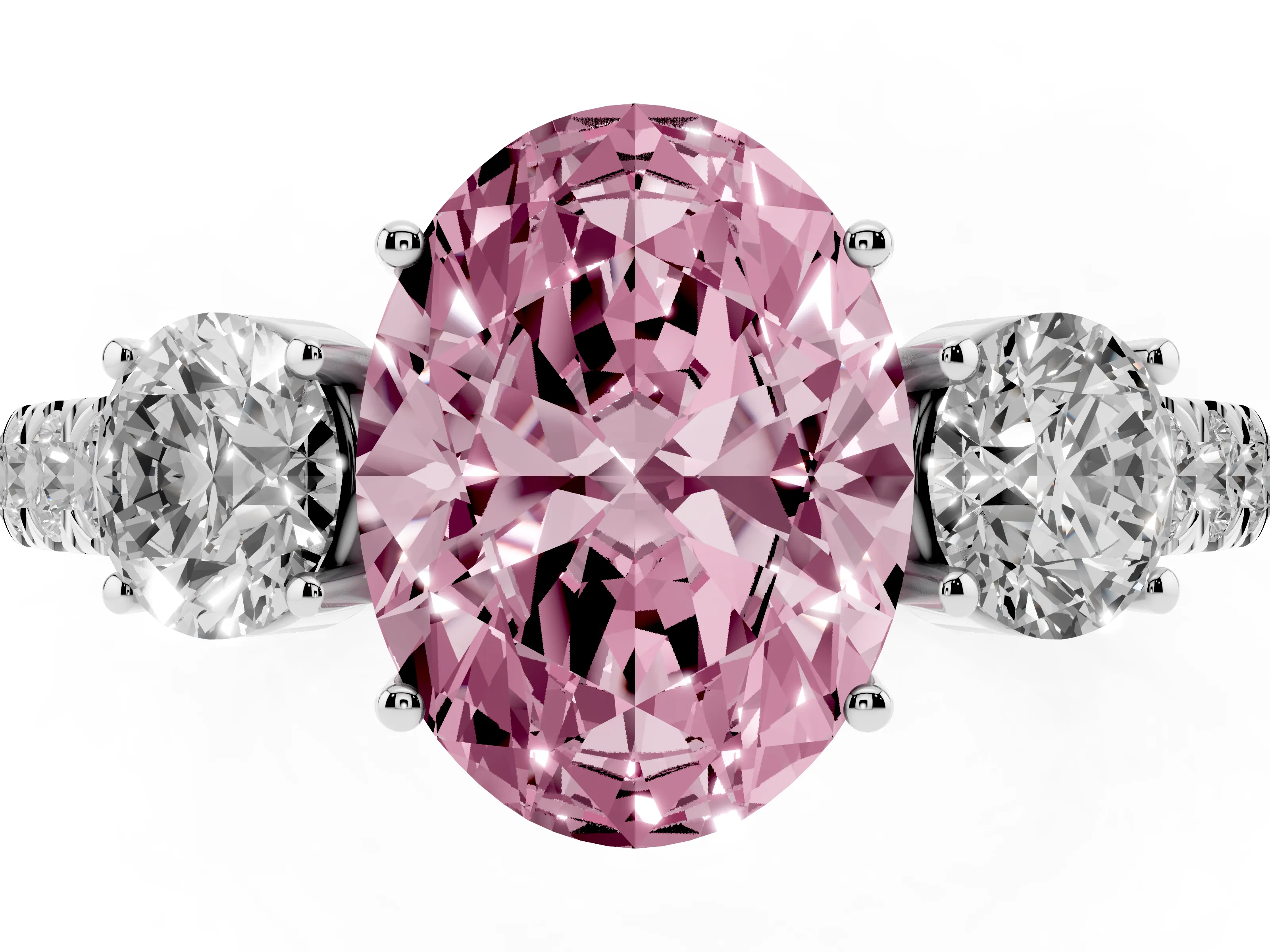 Fancy Pink Oval Cut Diamond Three-Stone Ring Set in Platinum with Round Side Stones and Delicate Pavé Band