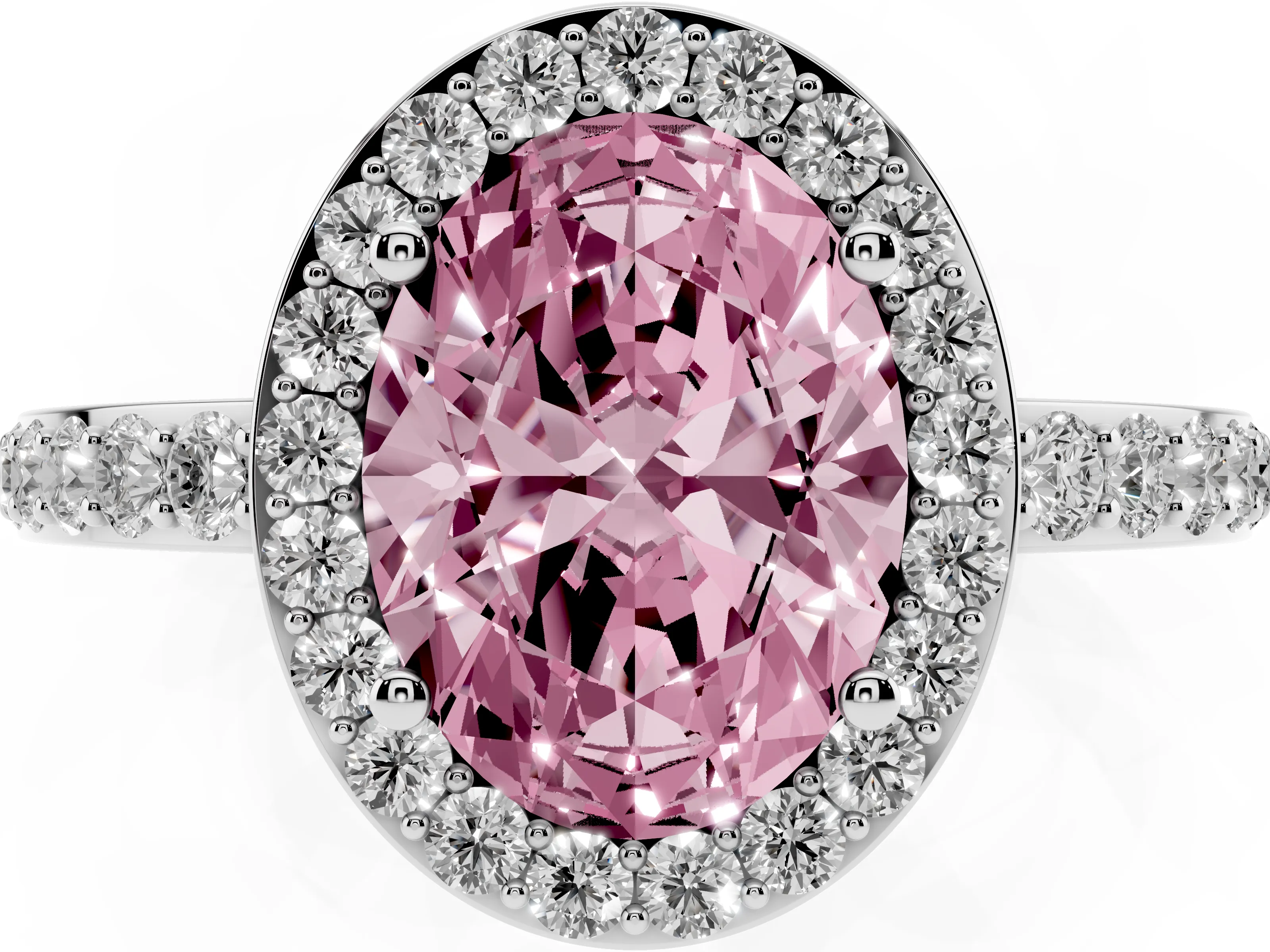 Fancy Pink Oval Cut Diamond Halo Ring Set in White gold with Pavé-Setting Band and Open Prong Center
