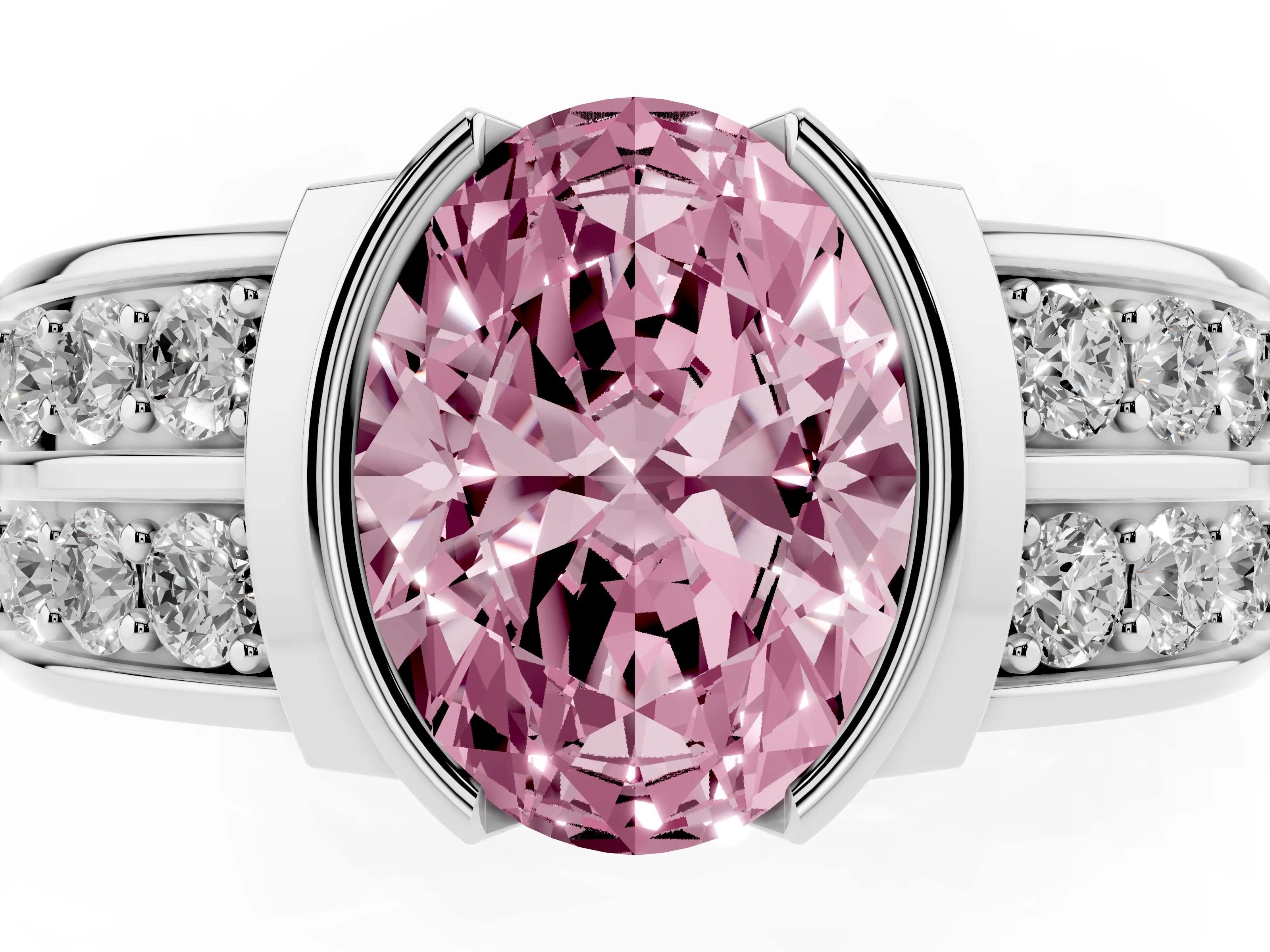 Fancy Pink Oval Cut Diamond Wide Channel Set Band Ring Set in Platinum with Bezel Setting