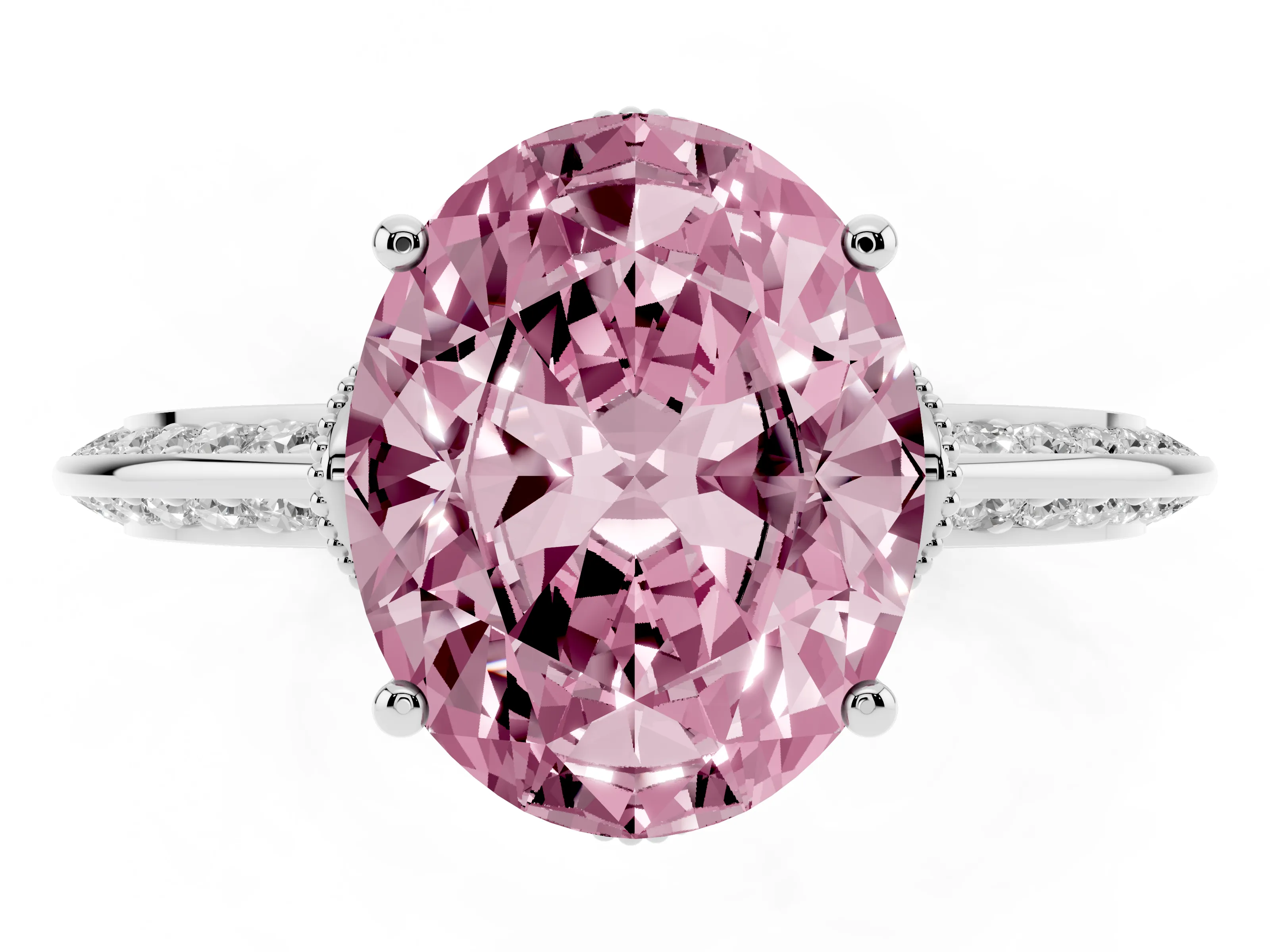Fancy Pink Oval Cut Diamond Solitaire Engagement Ring Set in Platinum with Pavé Split Shank and Prong Setting