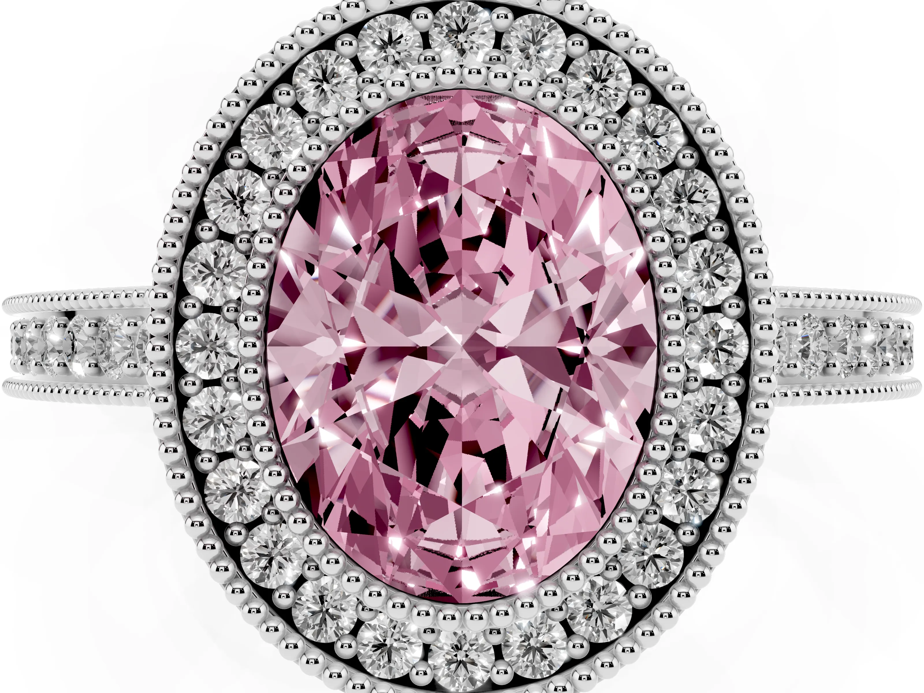 Fancy Pink Oval Cut Diamond Round Halo Ring Set in White gold with Pavé Band