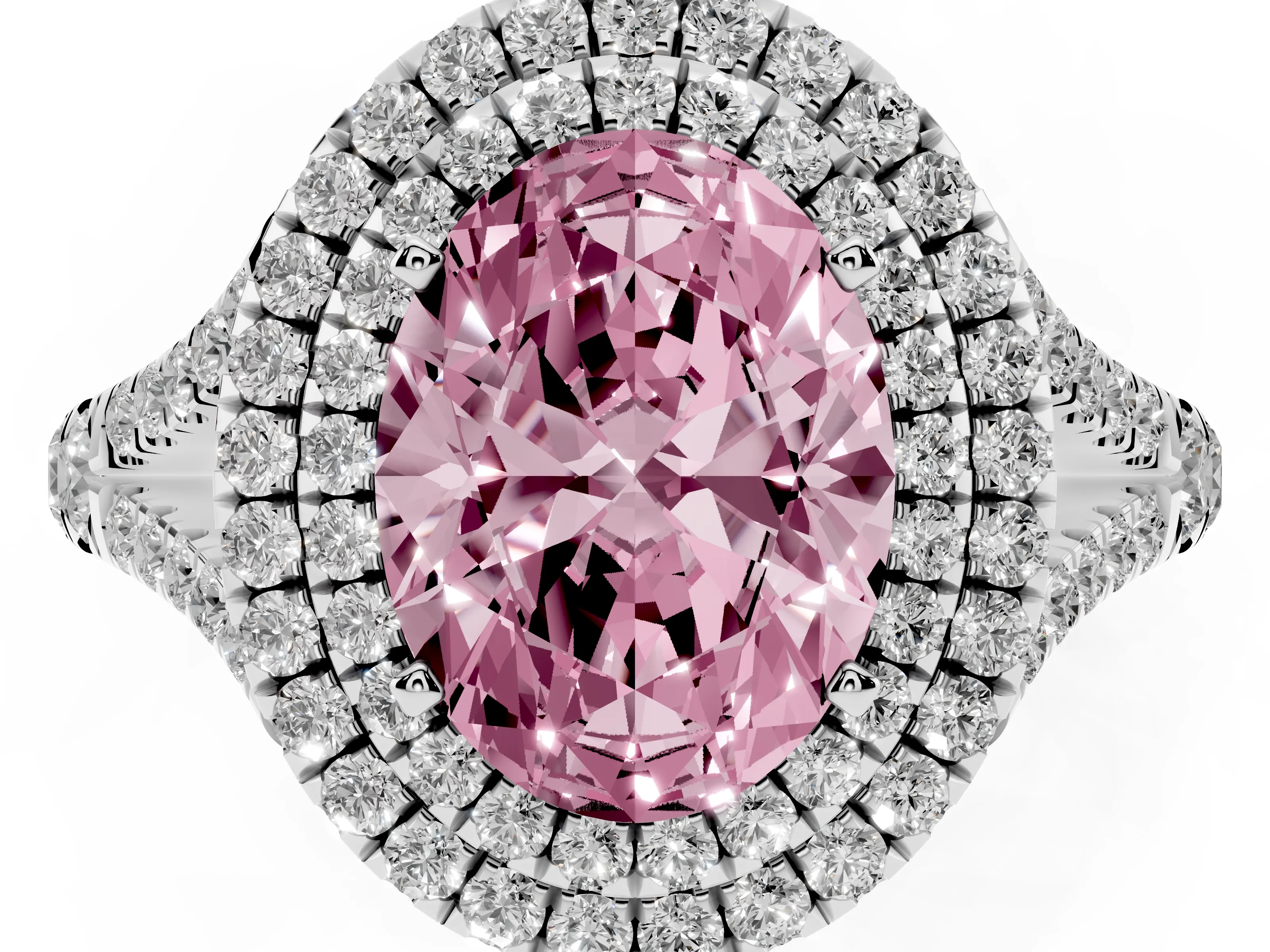 Fancy Pink Oval Cut Diamond Pavé Split Shank Double Halo Engagement Ring Set in Silver