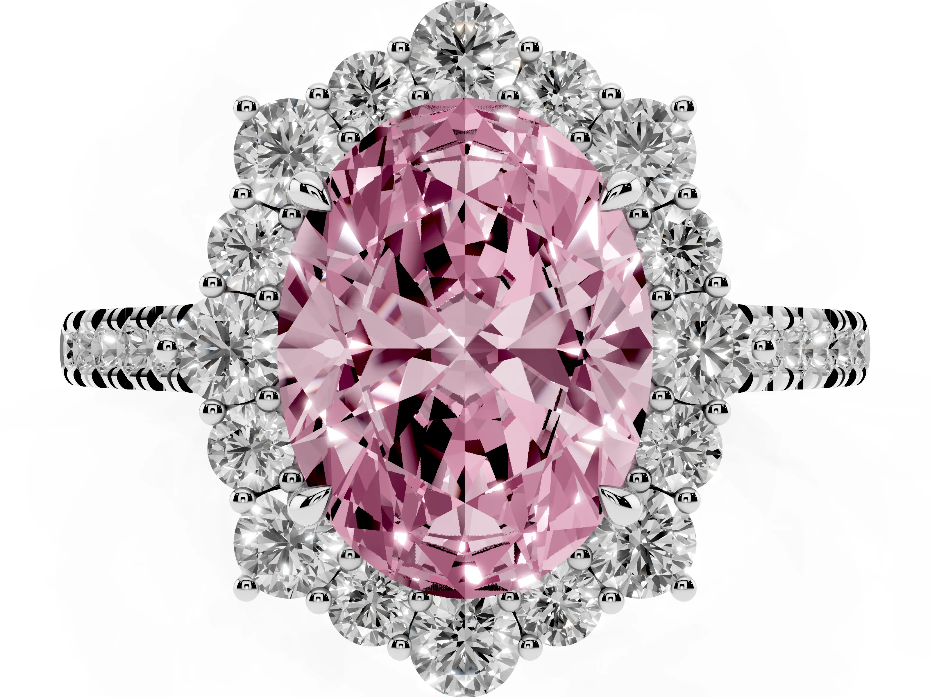 Fancy Pink Oval Cut Diamond Halo Ring Set in Silver with Pavé Band and Prong Setting