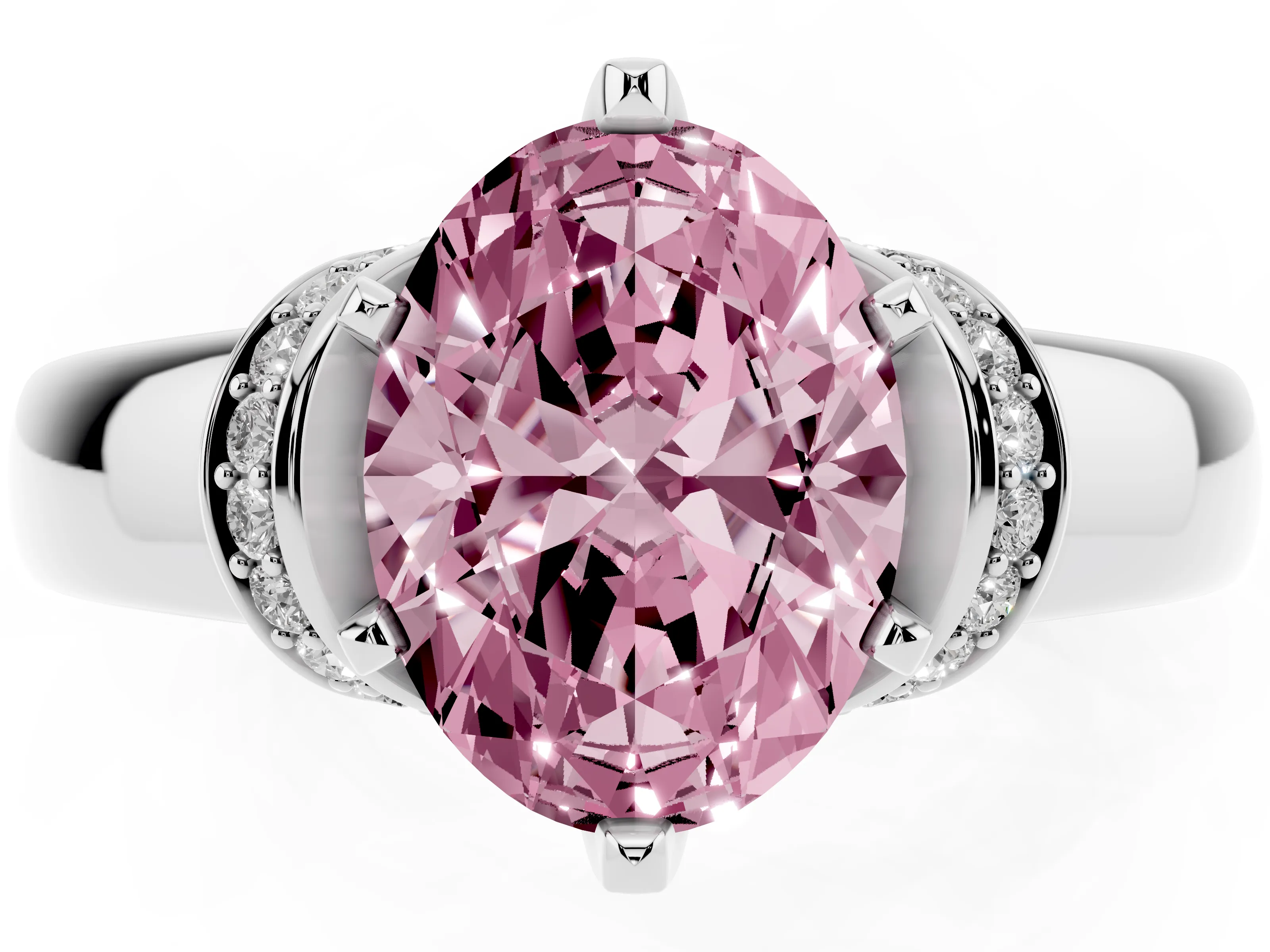 Fancy Pink Oval Cut Diamond Pavé Band Solitaire Ring Set in Silver with Prong Setting