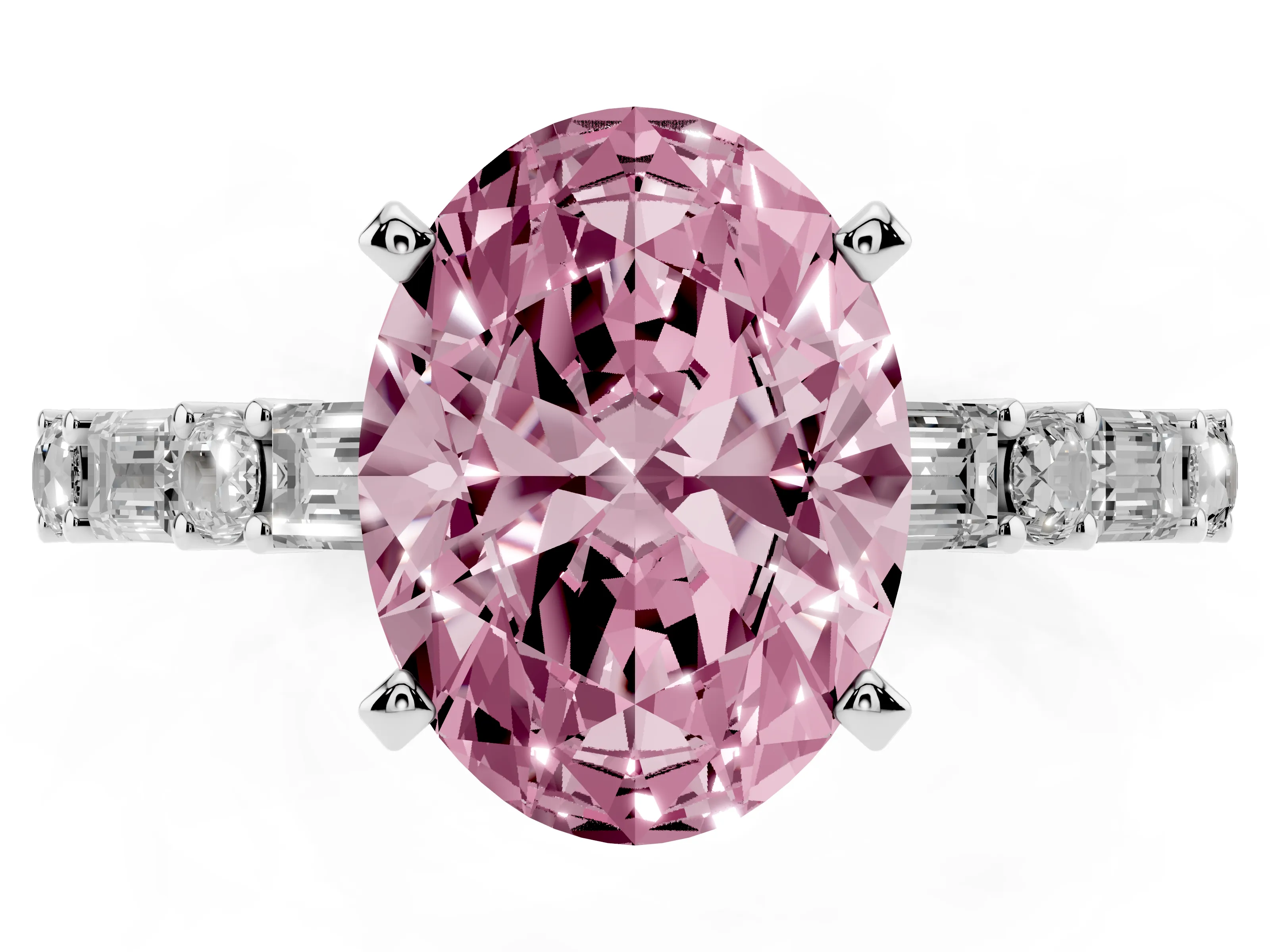 Fancy Pink Oval Cut Diamond Solitaire Set in White gold with Side Baguettes and Channel Set Band