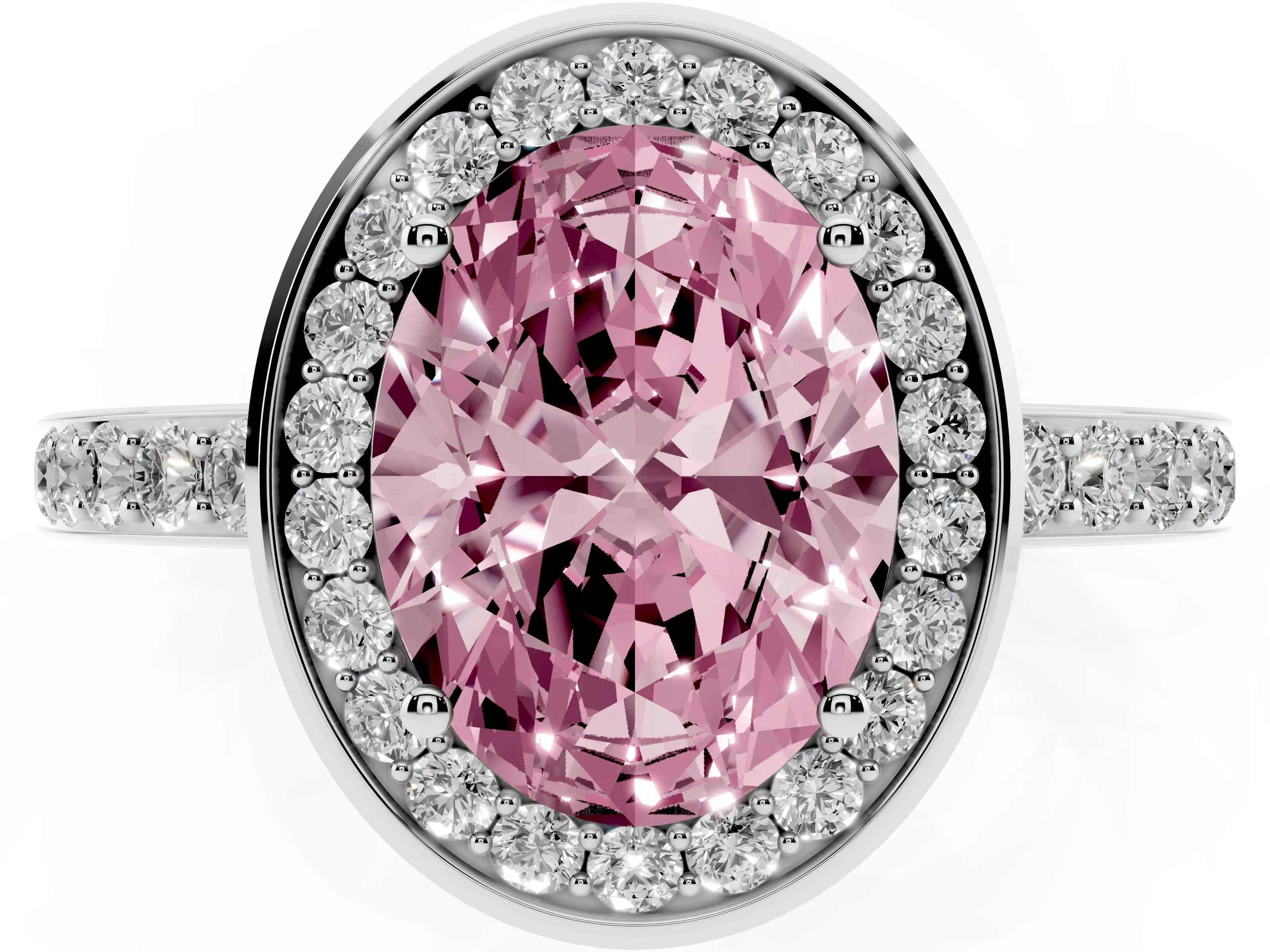 Fancy Pink Oval Cut Diamond Halo Ring Set in White gold with Bezel Frame and Pavé Band