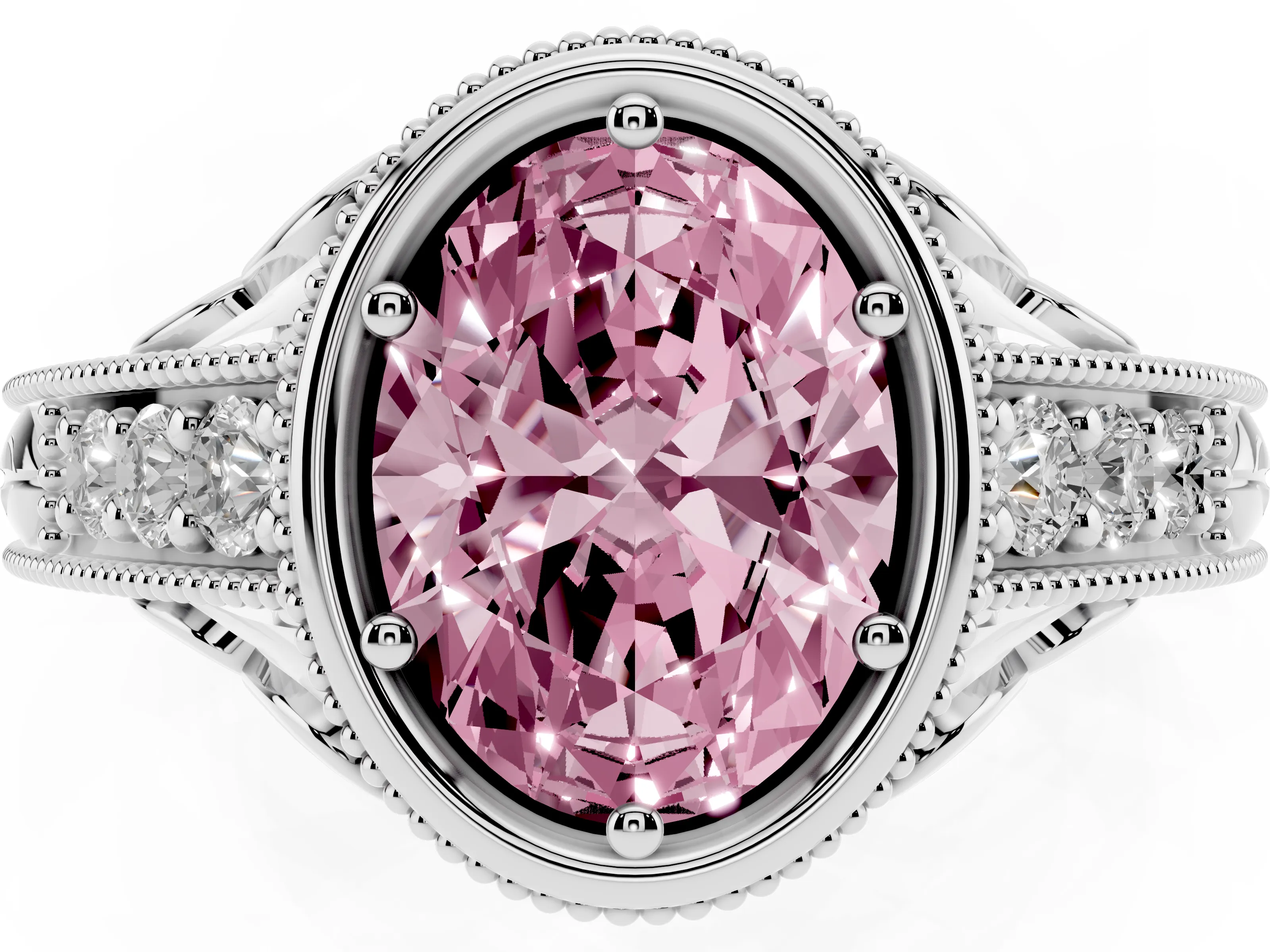 Fancy Pink Bezel Set Oval Cut Diamond Milgrain Pavé Engagement Ring Set in White gold