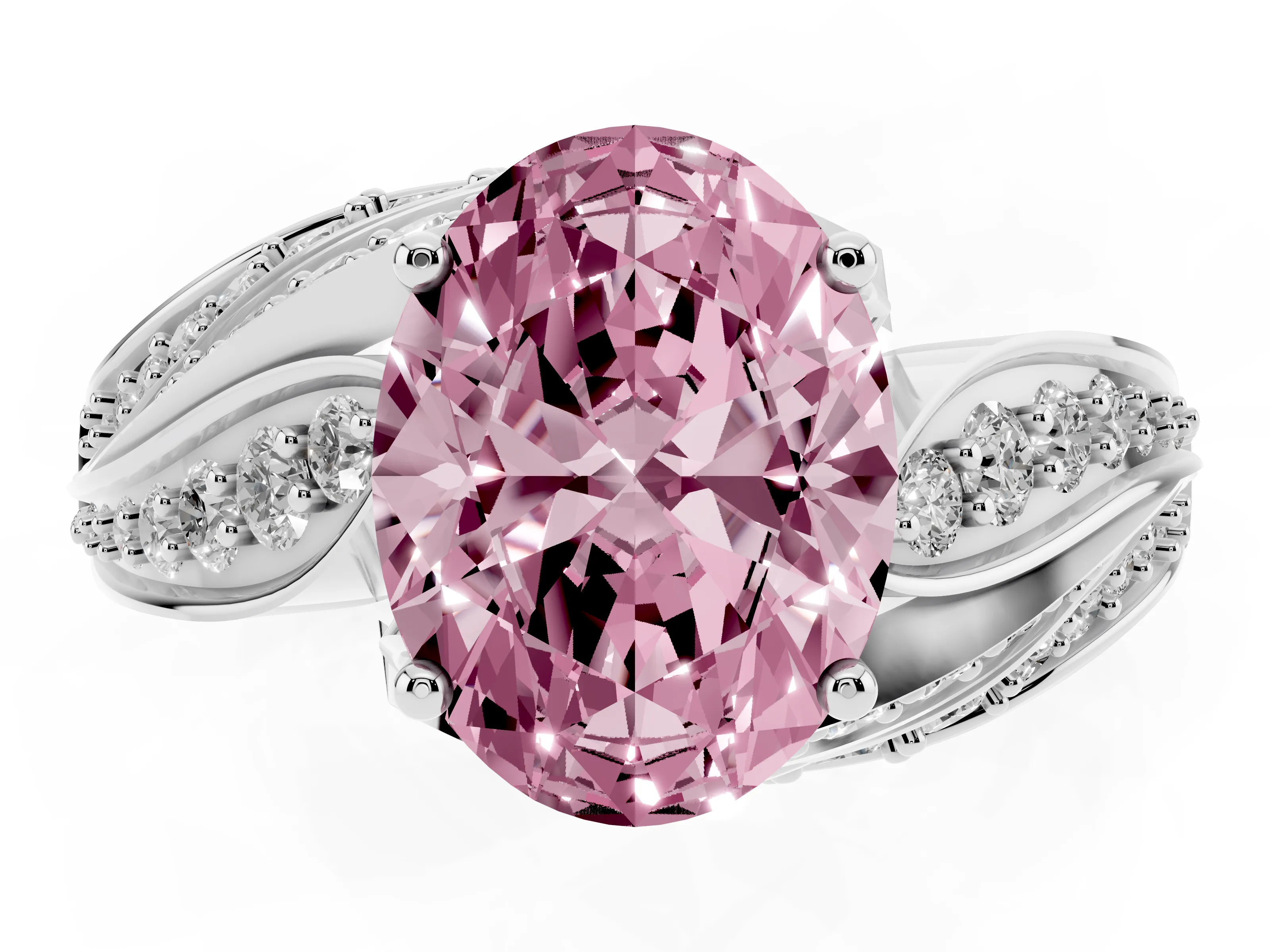 Fancy Pink Oval Cut Diamond Solitaire Ring Set in Platinum with Layered Twist Pavé Band