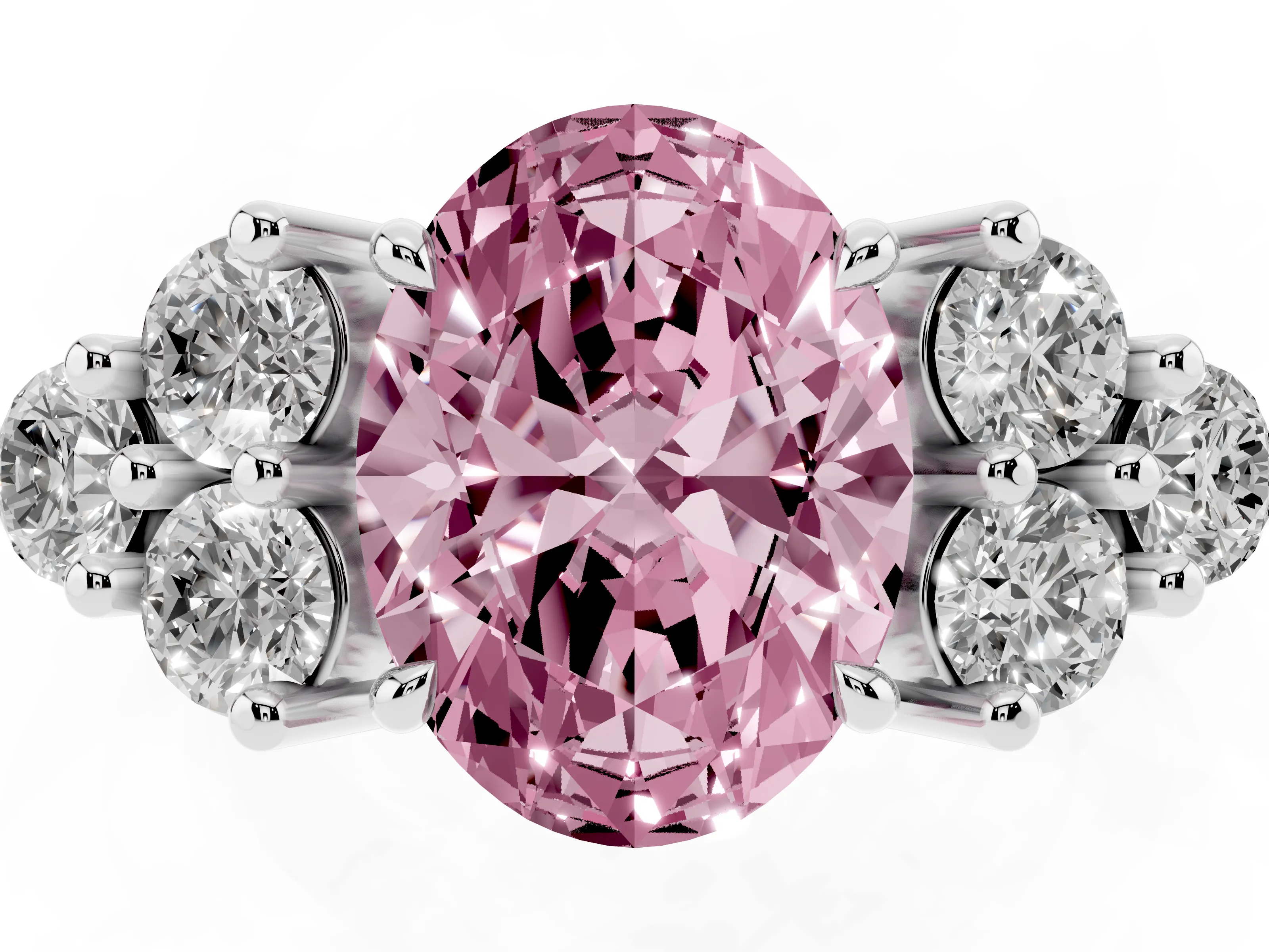 Fancy Pink Oval Cut Diamond Solitaire Ring Set in Silver with Cluster Accents on Each Side