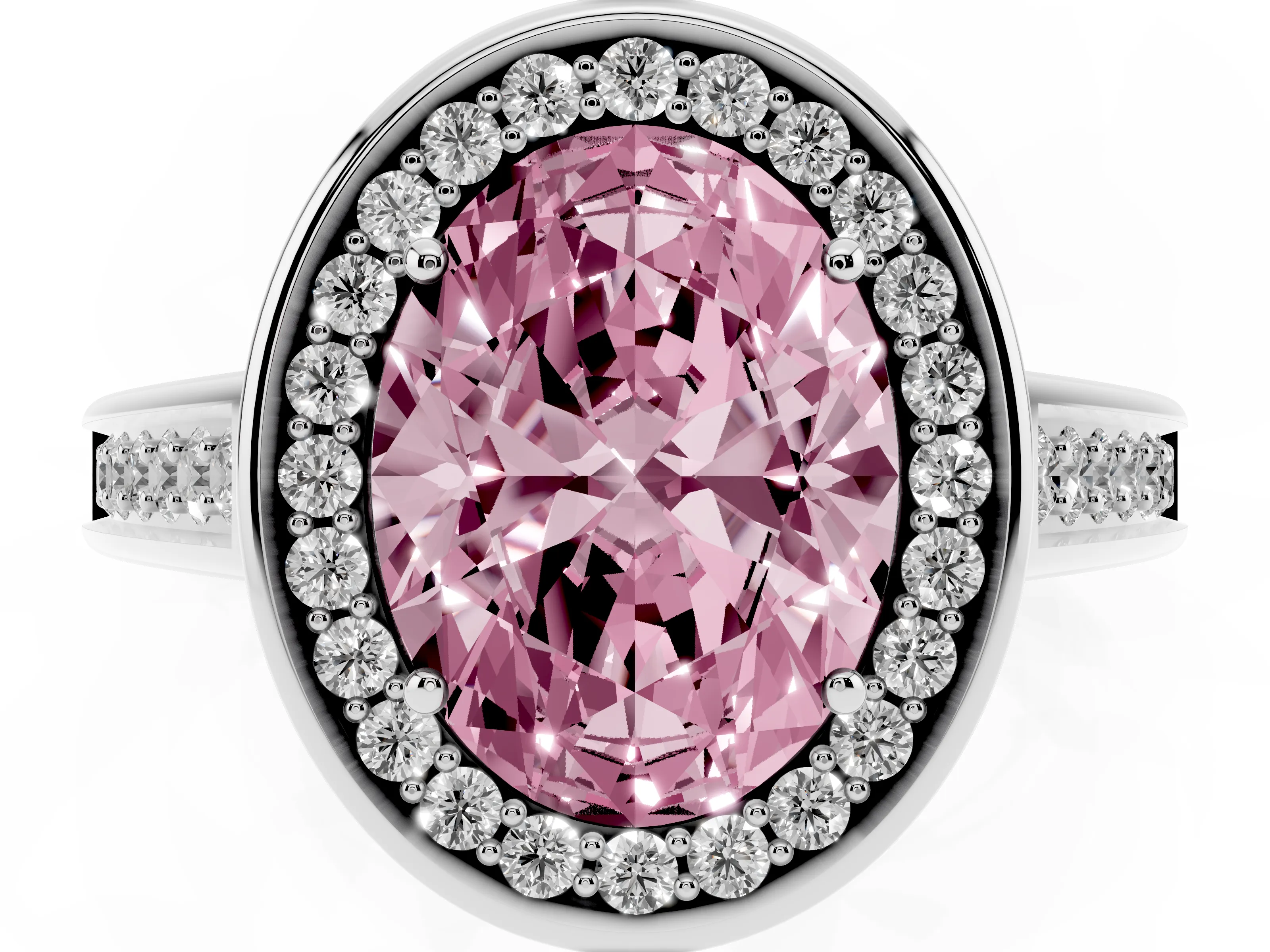 Fancy Pink Oval Cut Diamond Halo Solitaire Ring Set in White gold with Pavé Band and Bezel Setting