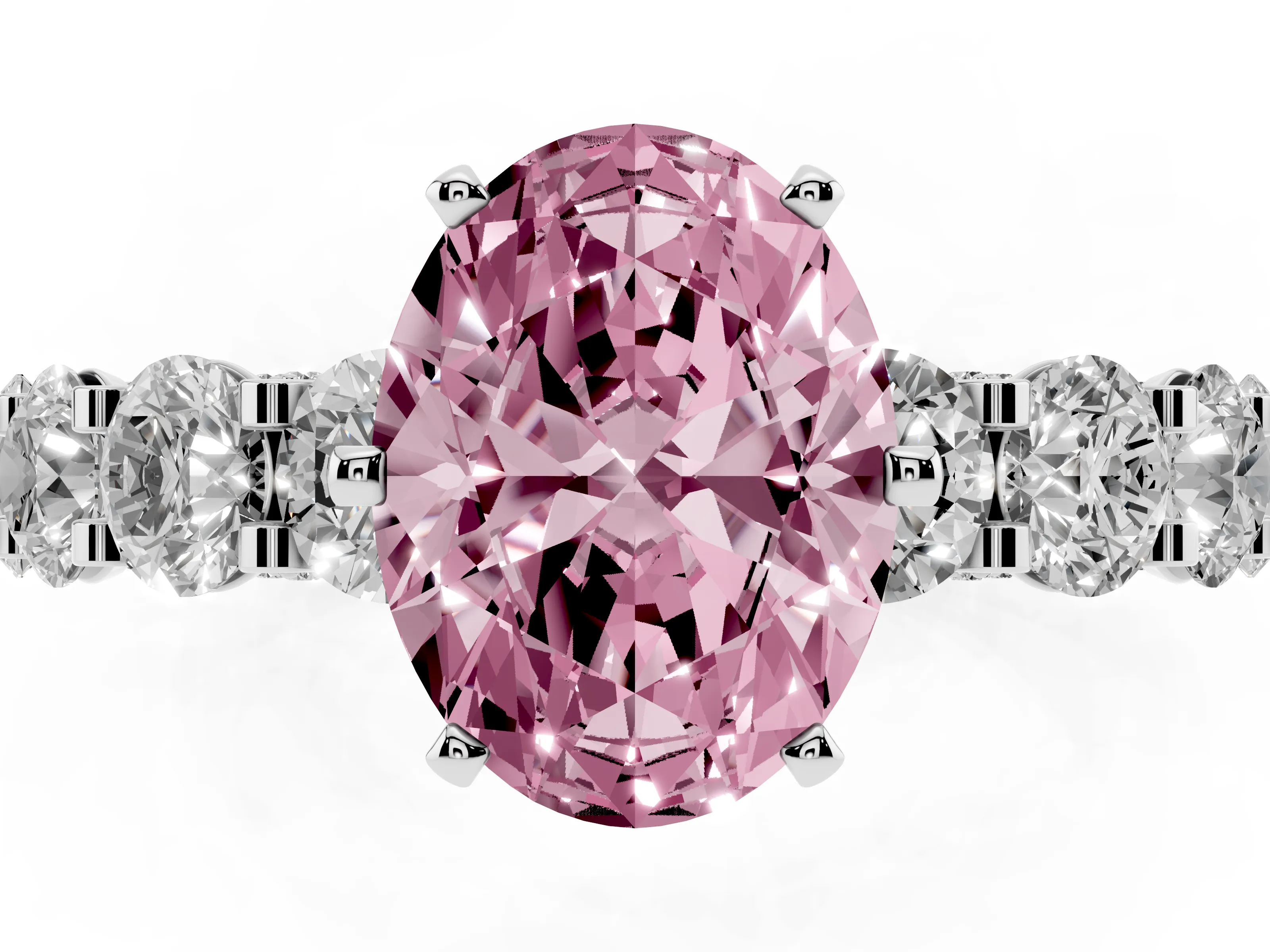 Fancy Pink Oval Cut Diamond Side Stone Ring Set in Platinum with Alternating Round and Oval Side Stones