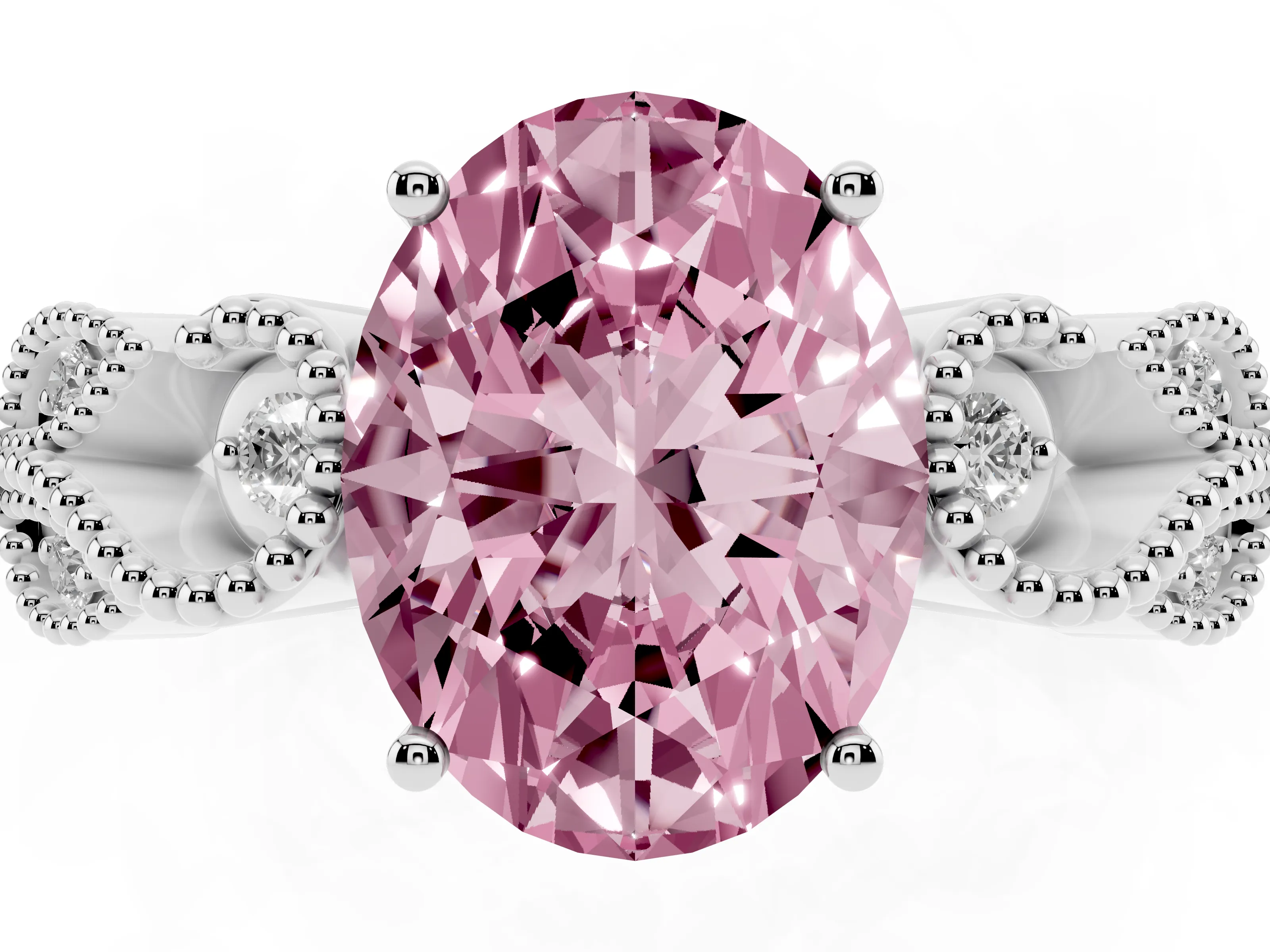 Fancy Pink Oval Cut Diamond Milgrain Leaf Band Solitaire Ring Set in White gold with Accent Stones and Prong Setting