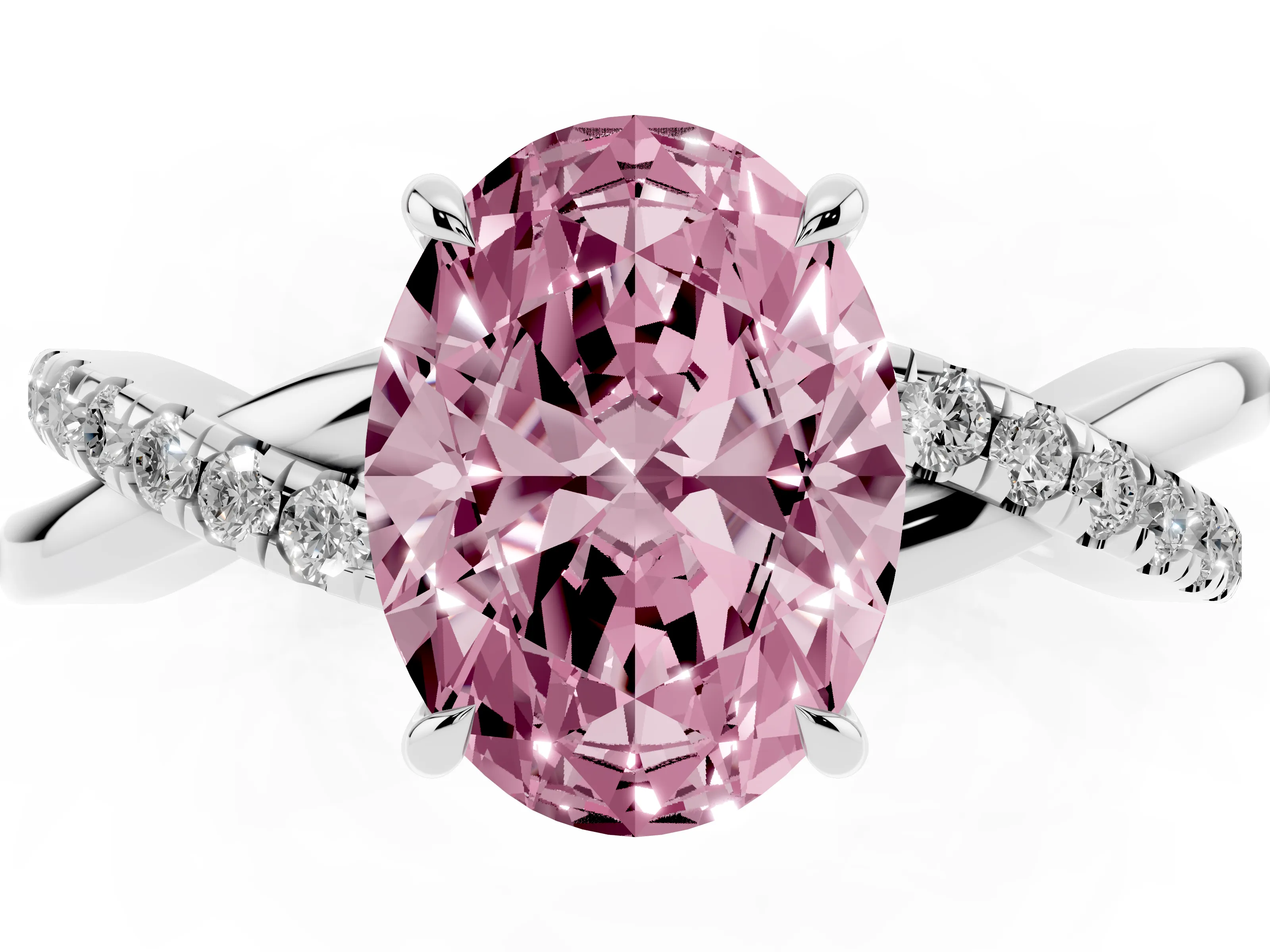 Fancy Pink Oval Cut Diamond Twisted Pavé Band Ring Set in Silver with Prong Setting