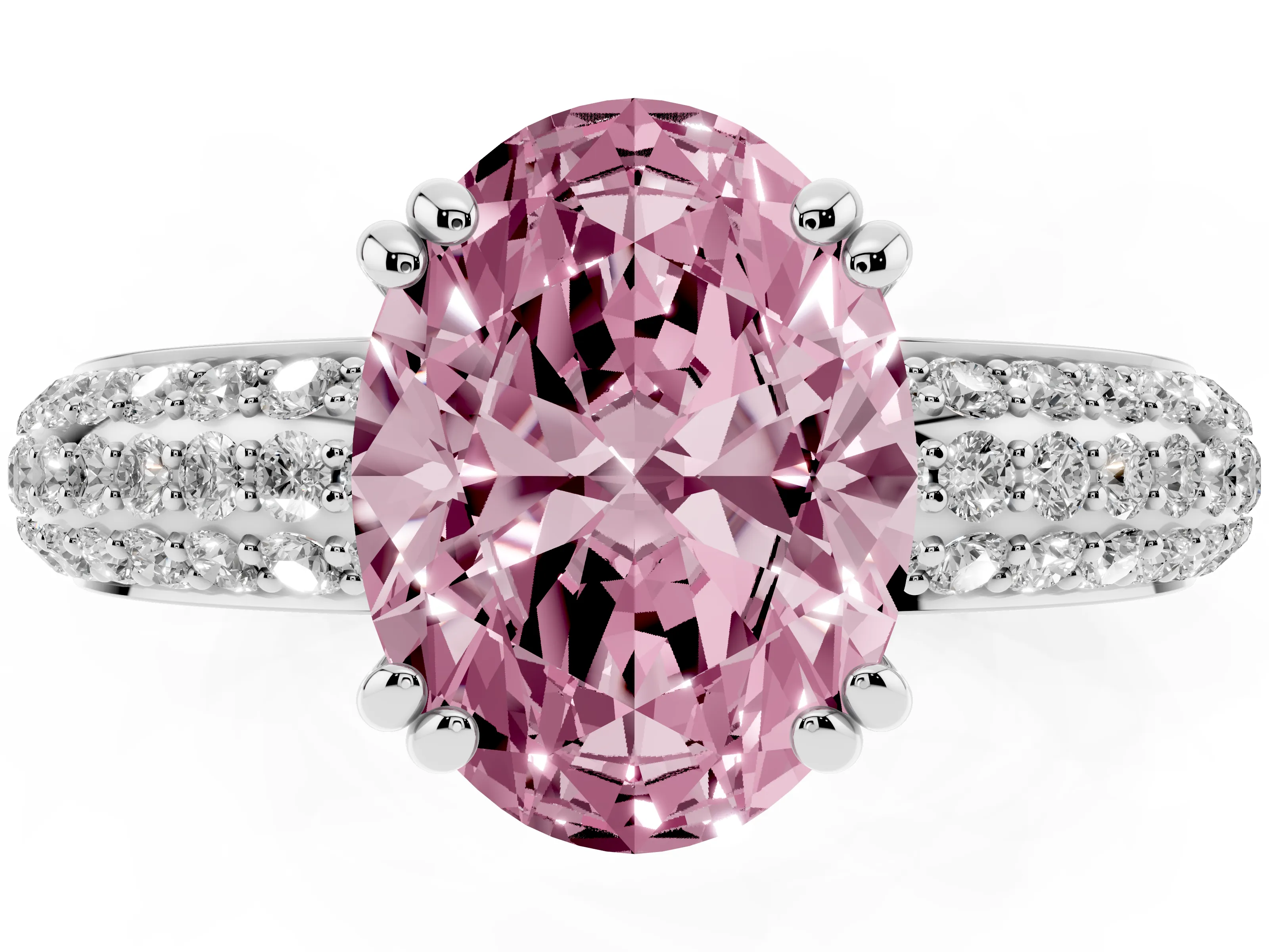 Fancy Pink Oval Cut Diamond Solitaire Ring Set in Platinum with Multi-Row Round Pavé Band and Prong Setting