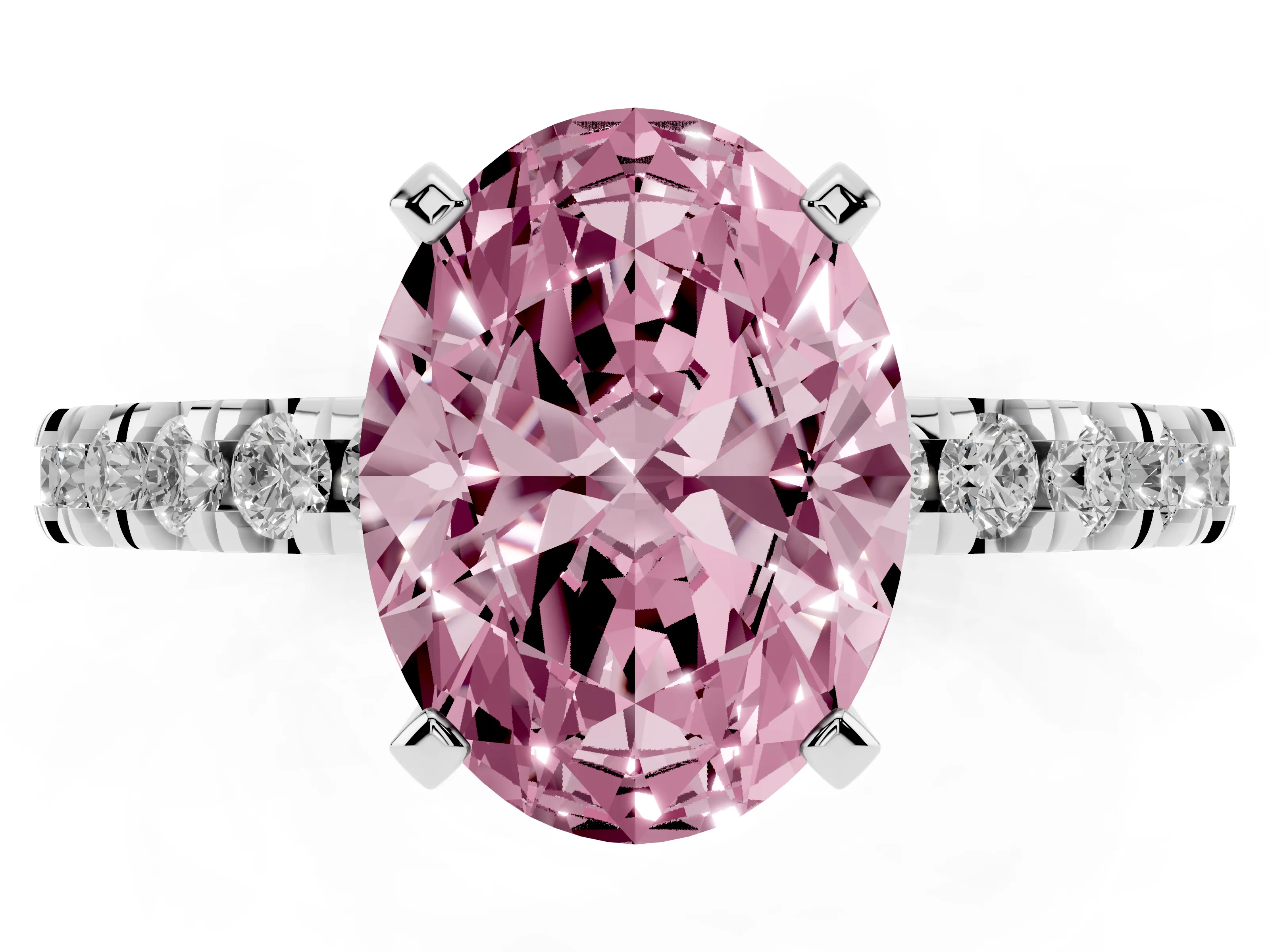 Fancy Pink Oval Cut Diamond Pavé Band Solitaire Set in White gold with Prong Setting